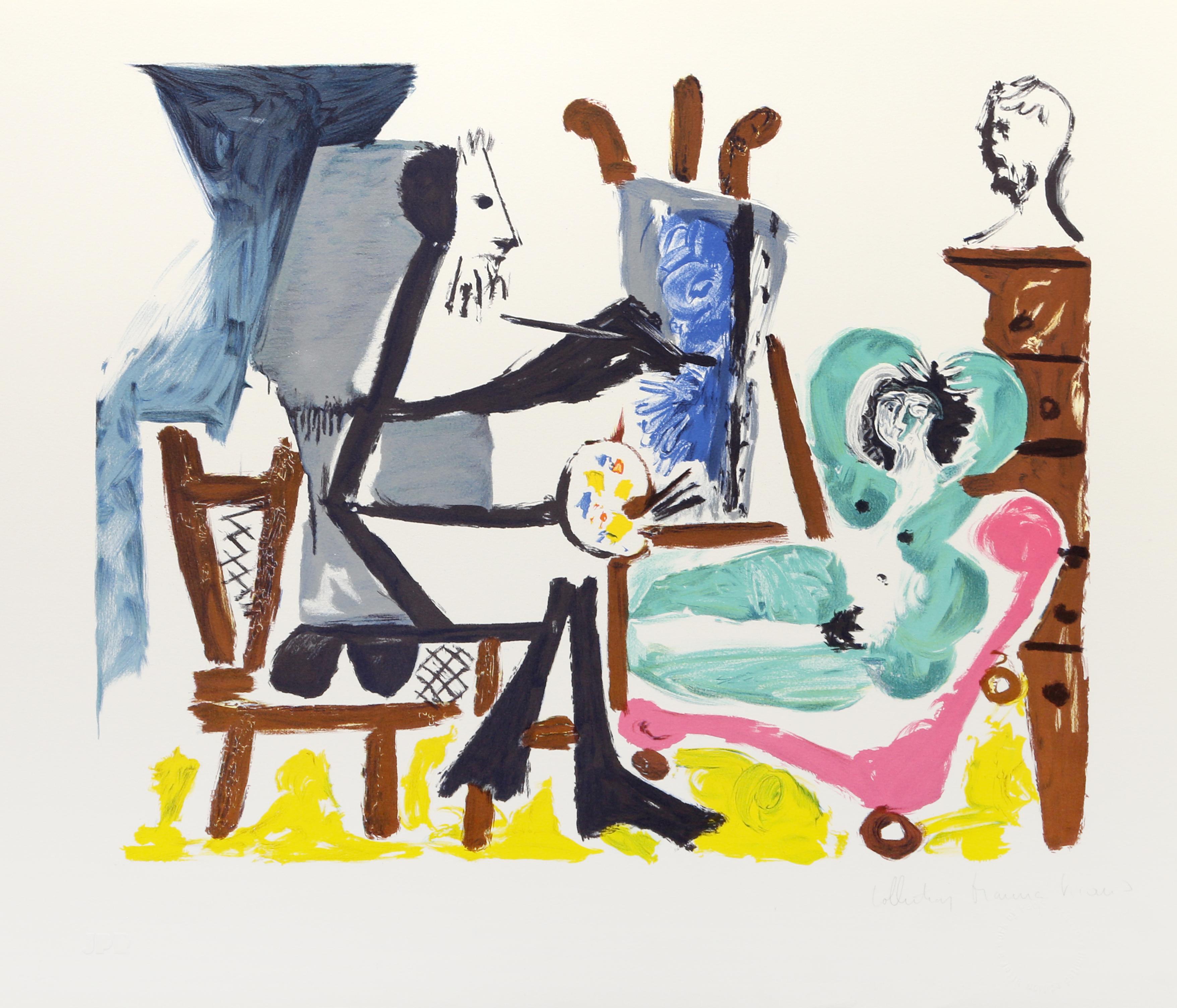 Pablo Picasso's print features a painter in his studio capturing the likeness of a nude woman posing on a setee or chaise lounge. Sitting at his easel, the painter uses blue paint on his canvas, while the woman reclines with her arms above her head
