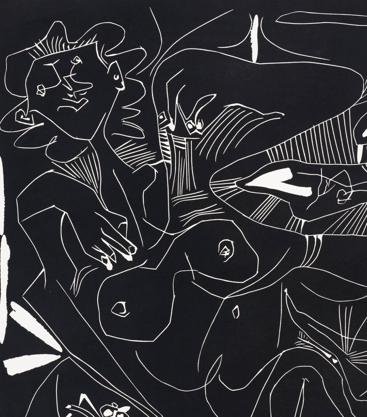 Le Thé: Deux Femmes Nues et une Chat: raro grabado original en linóleo firmado, nº 1/50 - Abstract Print Negro de Pablo Picasso