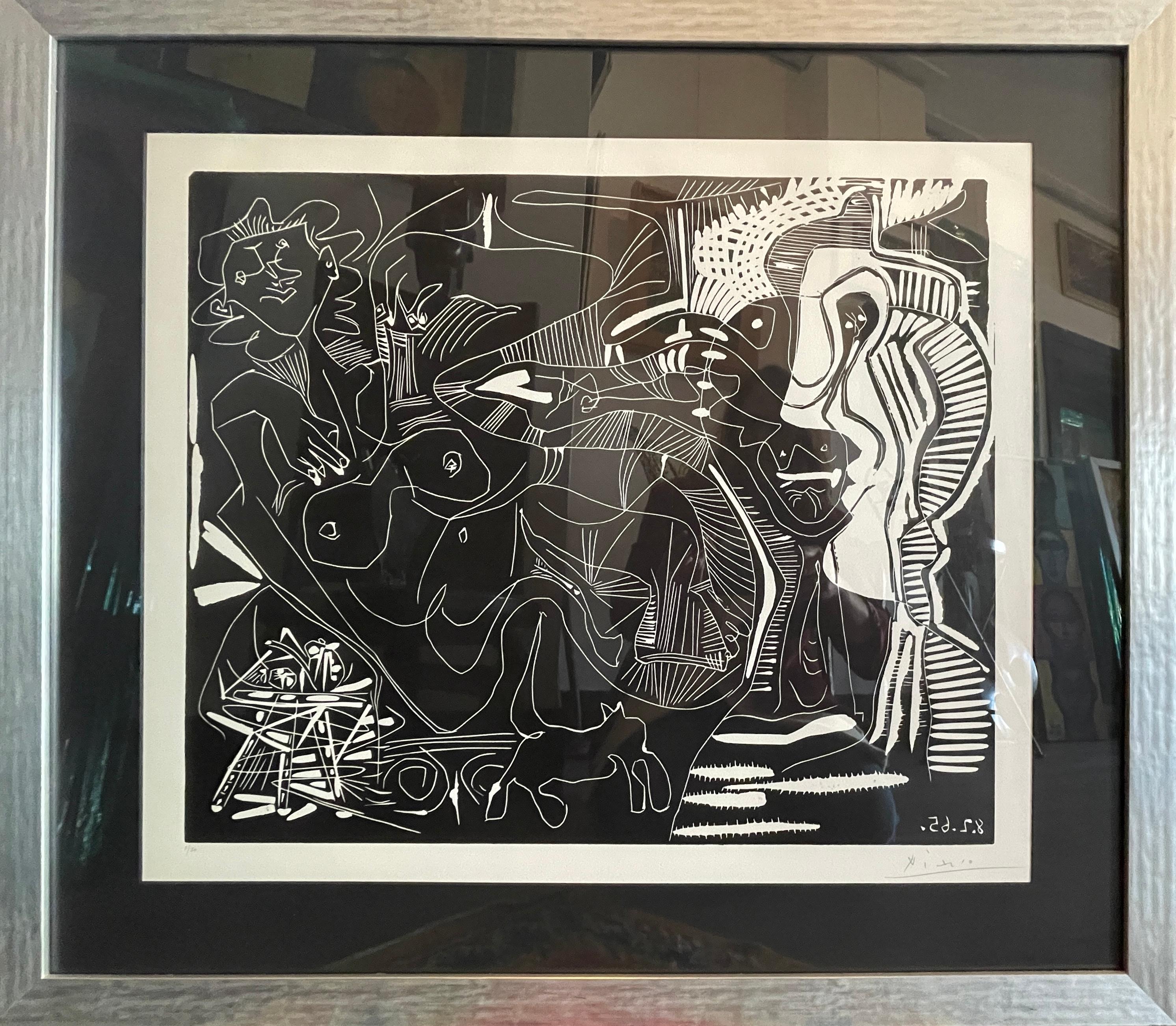 Le Thé: Deux Femmes Nues et une Chat: raro grabado original en linóleo firmado, nº 1/50 2