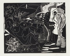 Le Thé: Deux Femmes Nues et une Chat: rare original signed linocut print, #1/50