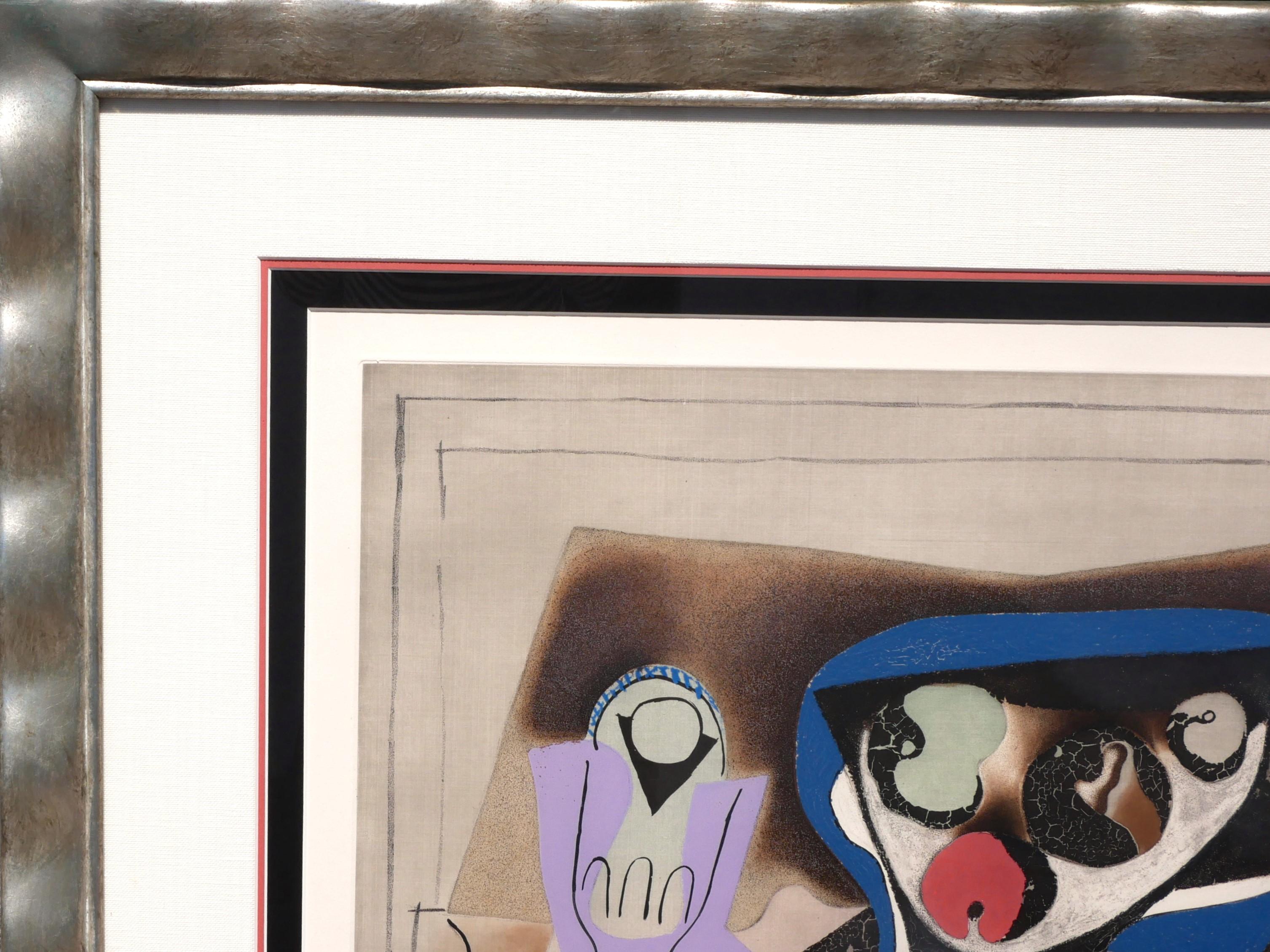 Modern Cubist still life etching, aquatint, and collotype of the pivotal artist Pablo Picasso. The work features a glass of absinthe sitting next to a bowl of fruit surrounded by abstract shapes. Hand signed in pencil in the front right corner.