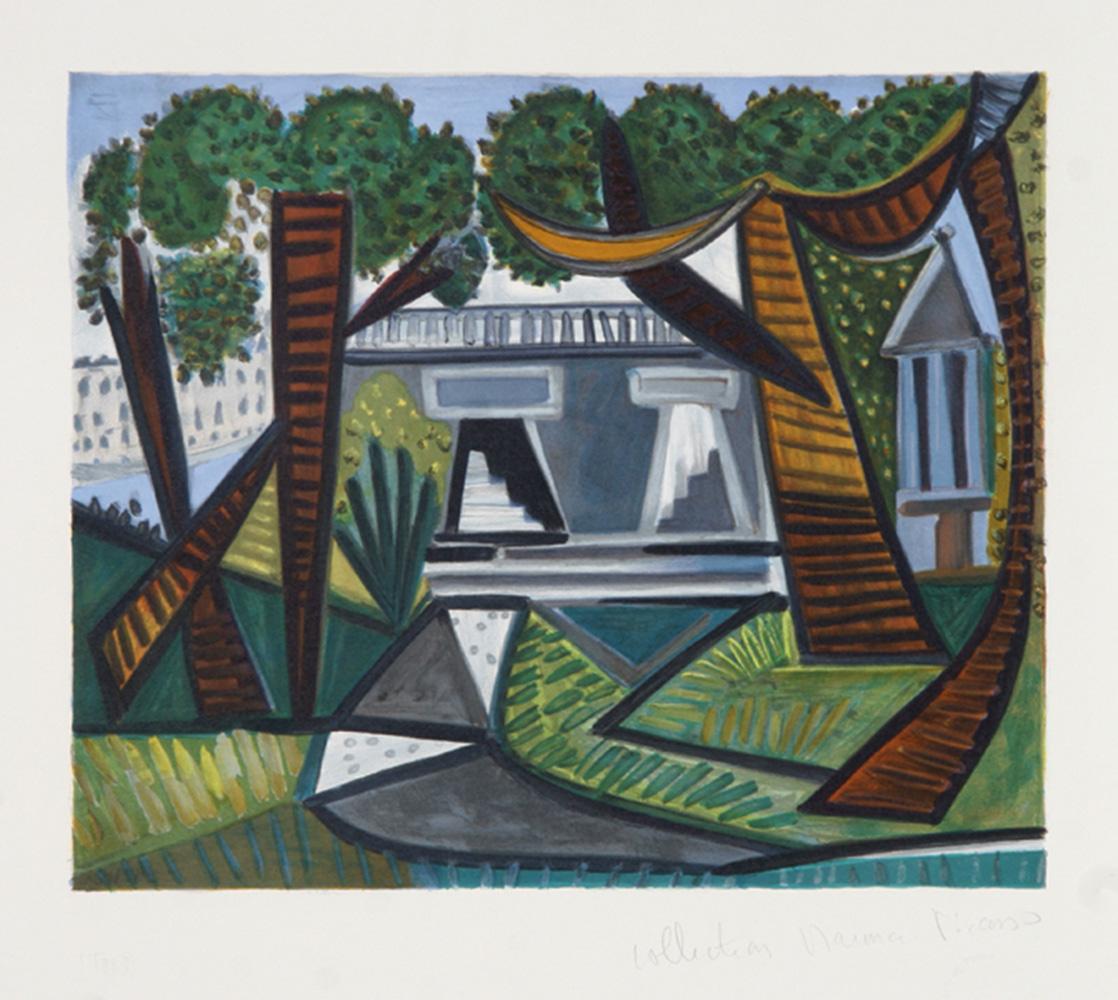 Leading up to the grey house with large glass windows, the grey sidewalk is framed by large towering trees. Rendered in the Cubist style, the house and the surrounding landscape are shown in an angular and geometric style known to be typical of the