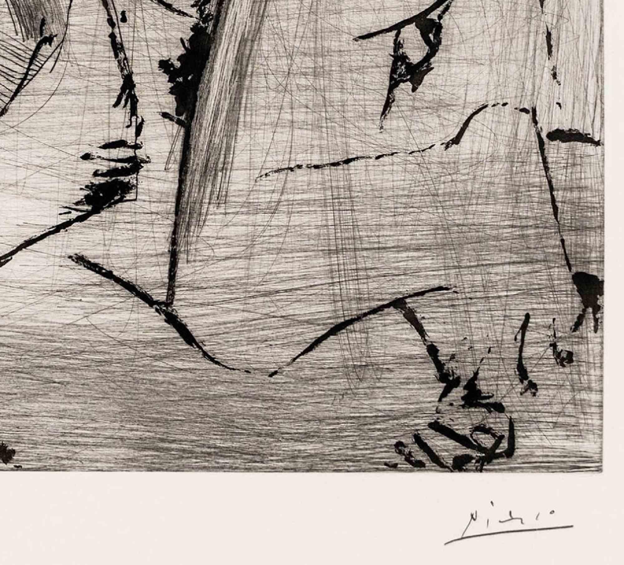 L’Etreinte is an artwork realized by Pablo Picasso in 1963.

Etching and Aquatint on BFK Rives-Velin paper.

Hand Signed lower right.

Numbered on the lower margin. Edition of 14/50.

Reference:Bloch 1115; Baer 1108