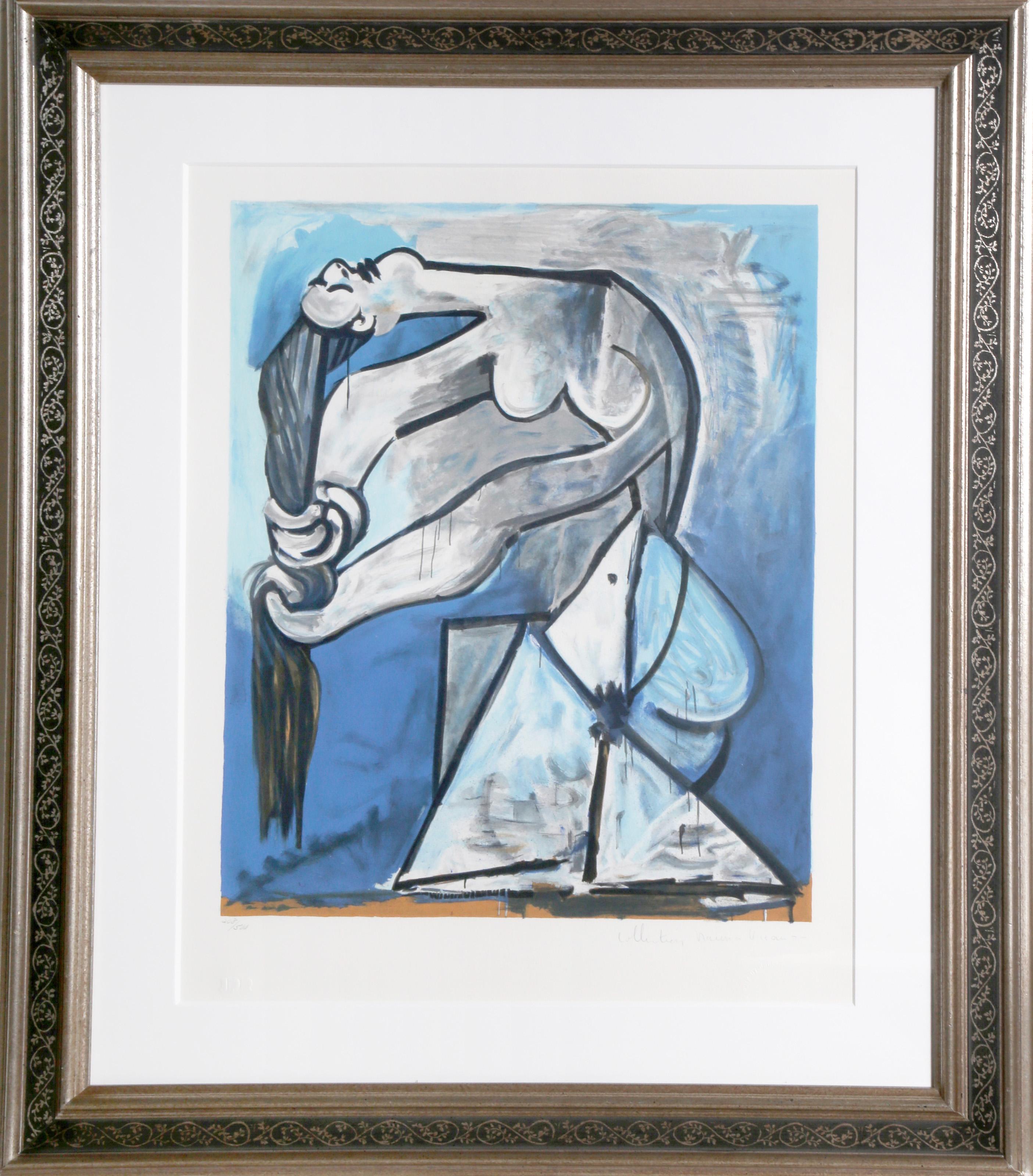Eine Lithographie aus der Nachlasssammlung Marina Picasso nach dem Gemälde "Ne se tordant les cheveux" von Pablo Picasso.  Das Originalgemälde wurde 1952 fertiggestellt. In den 1970er Jahren, nach Picassos Tod, autorisierte Marina Picasso, seine
