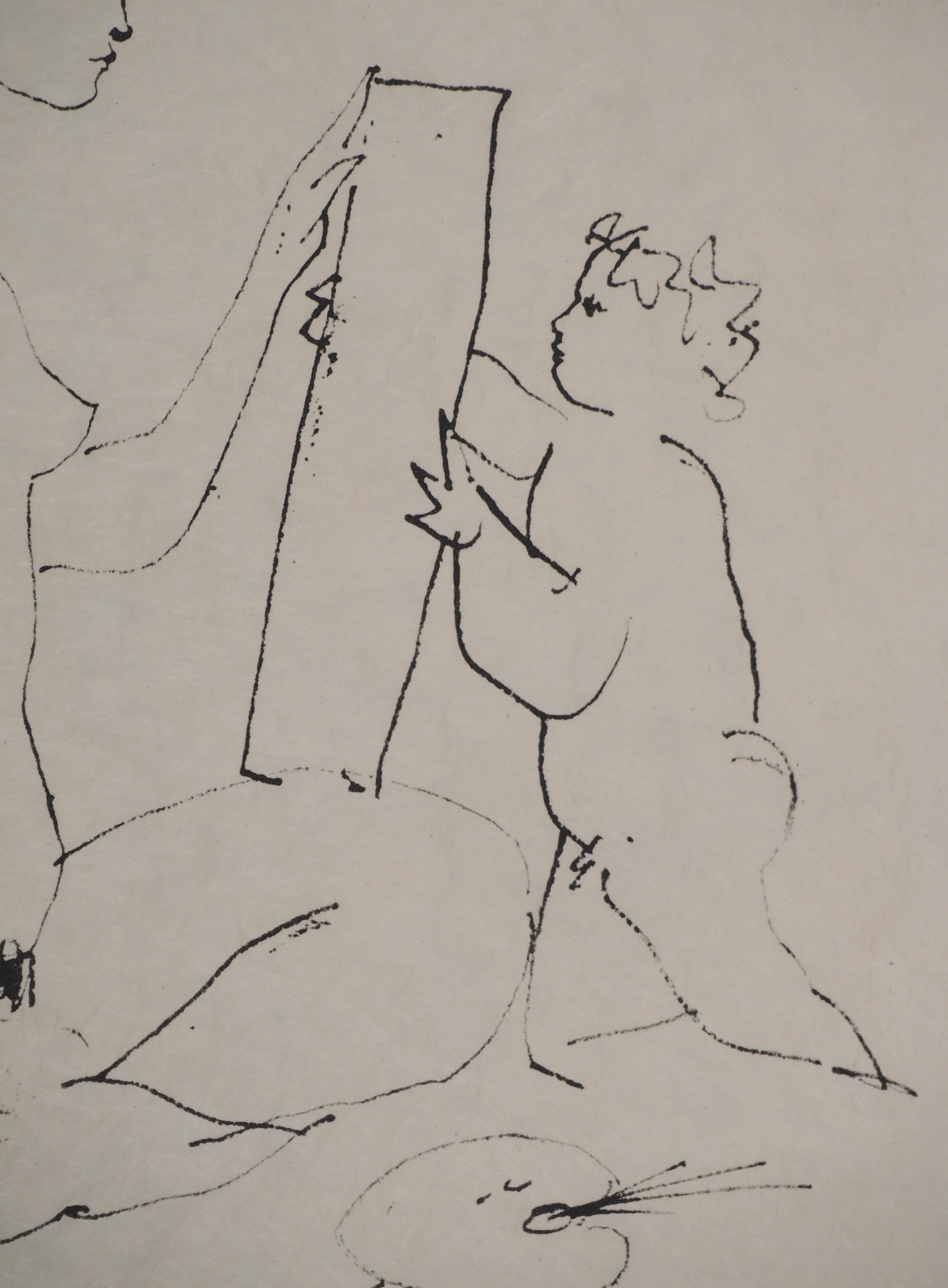 Pablo PICASSO (after)
Love as a Painter, 1974

Lithograph
Unsigned
On Japan paper 38.5 x 28.5 cm (c. 15.2 x 11.2 inches)

INFORMATION : Lithograph based on drawings by Pablo Picasso, illustrating the portfolio ‘Le Soleil ébloui’, composed 12 poems