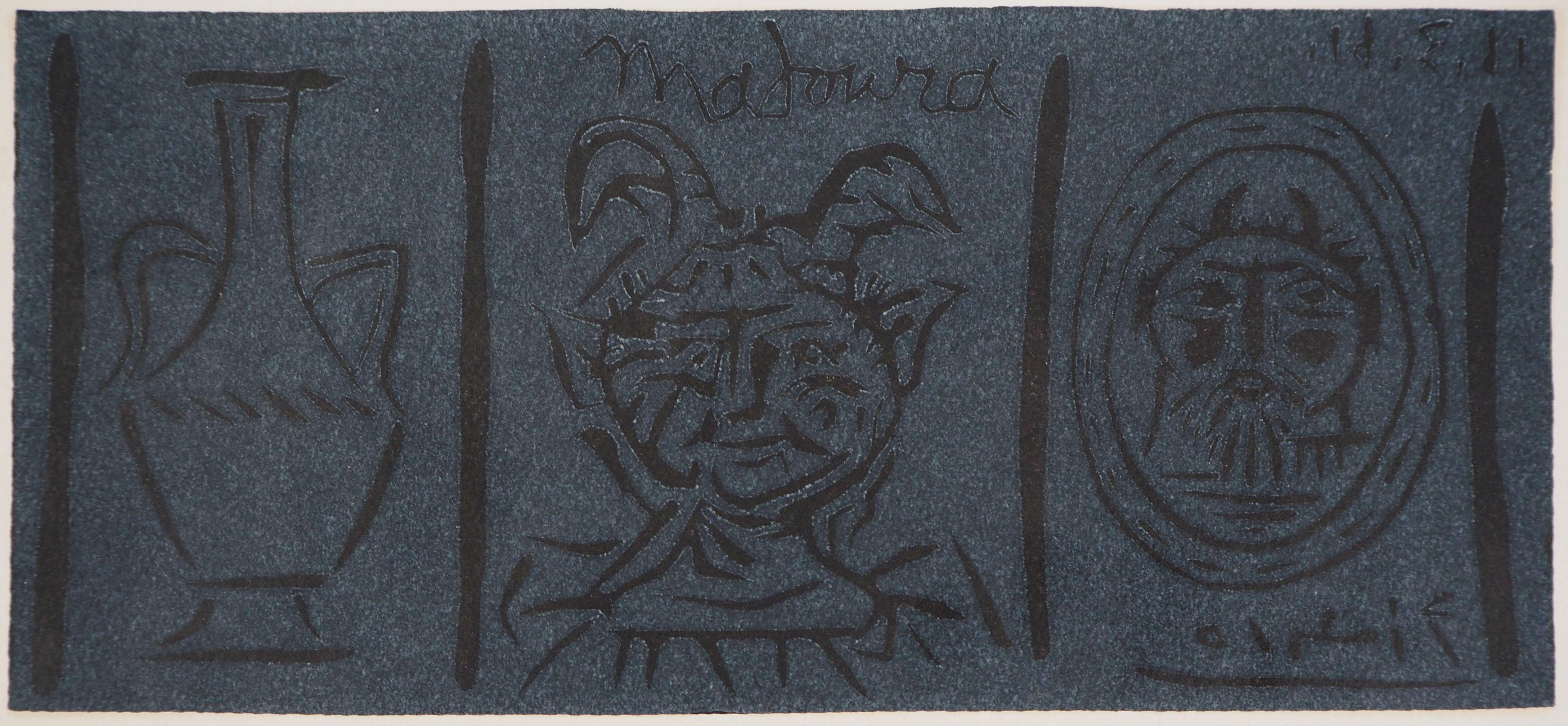 Madoura: Pottery and Fauns - Original linocut, 1961 (Bloch #1021 / Baer #1270) - Cubist Print by Pablo Picasso