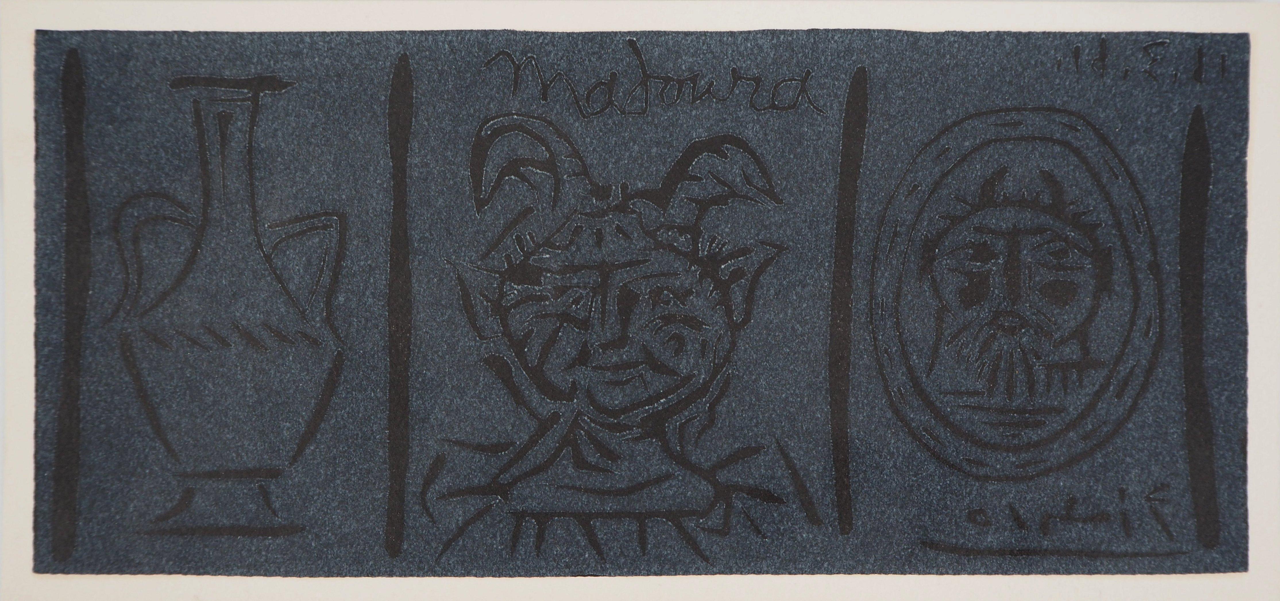 Madoura: Alfarería y Faunos - Linograbado original, 1961 (Bloch #1021 / Baer #1270)