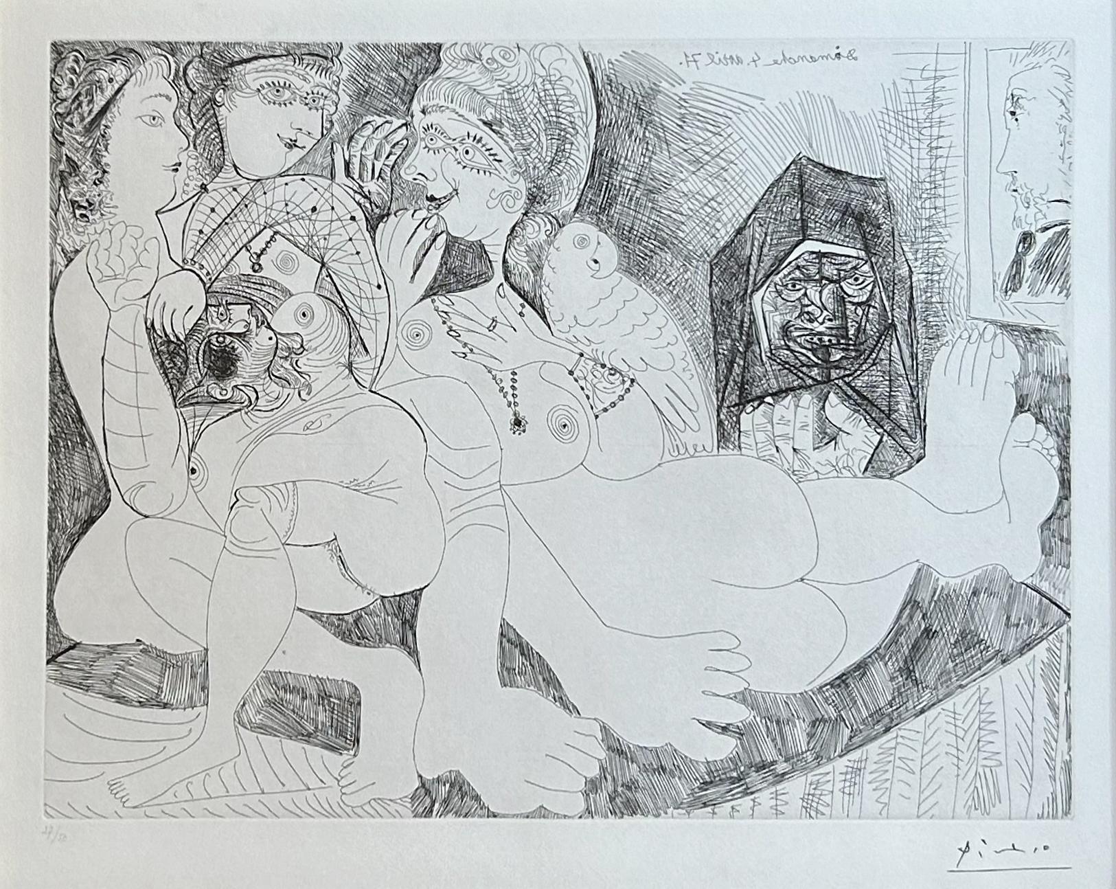 Pablo Picasso Portrait Print – Maison geschlossen. Bavardages, avec perroque, Célestine, et le portrait de Degas