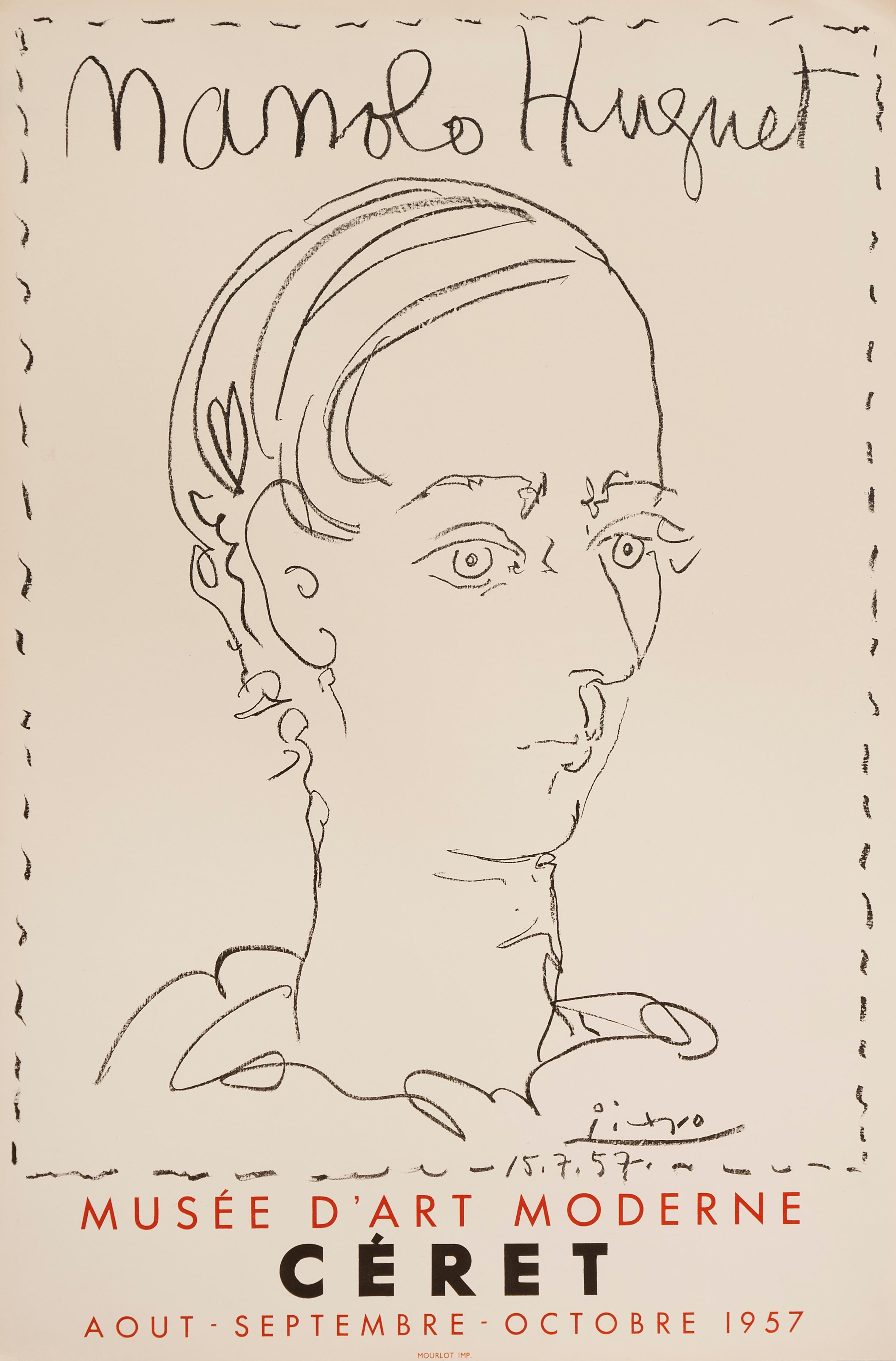 Este cartel litográfico original fue creado para una exposición de obras en el Musée D'Art Moderne de Céret, Francia, en 1957. Este retrato del escultor español y amigo de Picasso, Manolo Huguet, fue dibujado directamente sobre la piedra por el