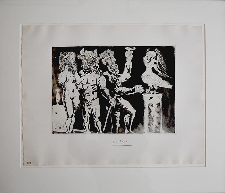 Figures en masques et femme en forme d'oiseau, de : The Suite Vollard - Mythologie grecque - Print de Pablo Picasso