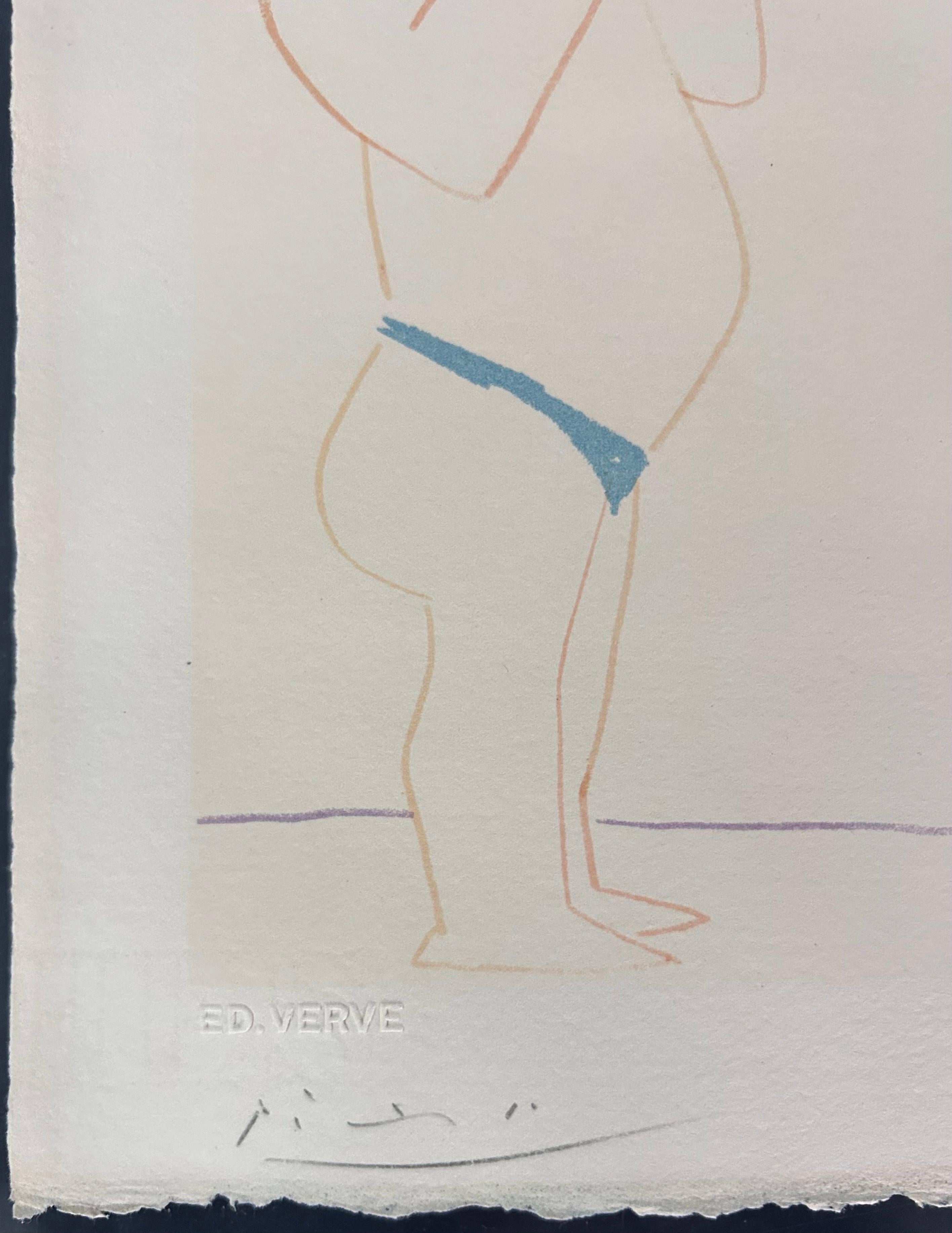 Pablo Picasso
Masked man and the model, 1954
Lithograph in colours
10 1/5 × 13 4/5 in  26 × 35 cm
Edition of 75

Hand-signed lower left and numbered lower right

Publisher: Editions de la Revue Verve

Condition: Excellent condition