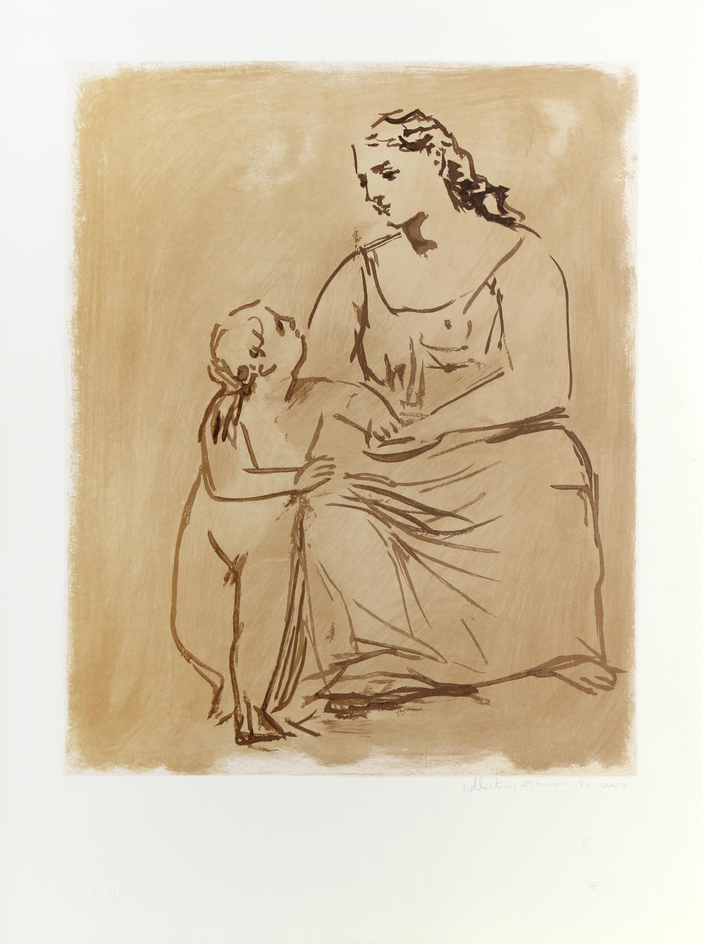 Staring at each other lovingly, the mother and child in this print by Pablo Picasso are representative of the maternal bond between individuals in this relationship. Rendered in soft lines, the artist's work is fairly naturalistic in relation to his