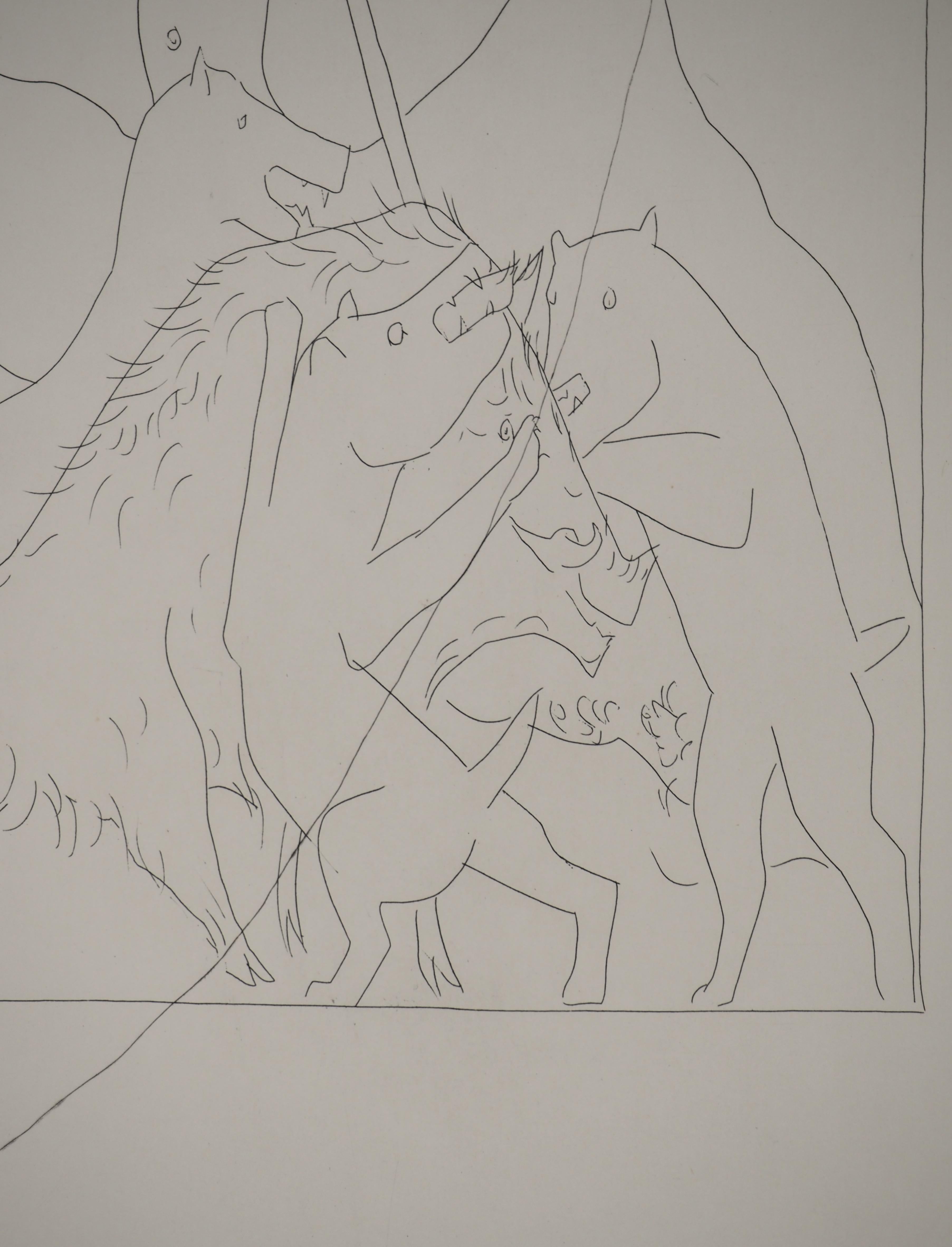 Pablo PICASSO
Métarmorphoses d'Ovide, The Calydon Boar, 1936

Original etching (Atelier Lacourière, Paris)
Unsigned
On BFK Rives vellum 32.5 x 25 cm (12.7 x 9.8 in)

REFERENCES : 
- Catalog raisonne Bloch #114
- Catalog raisonne Baer