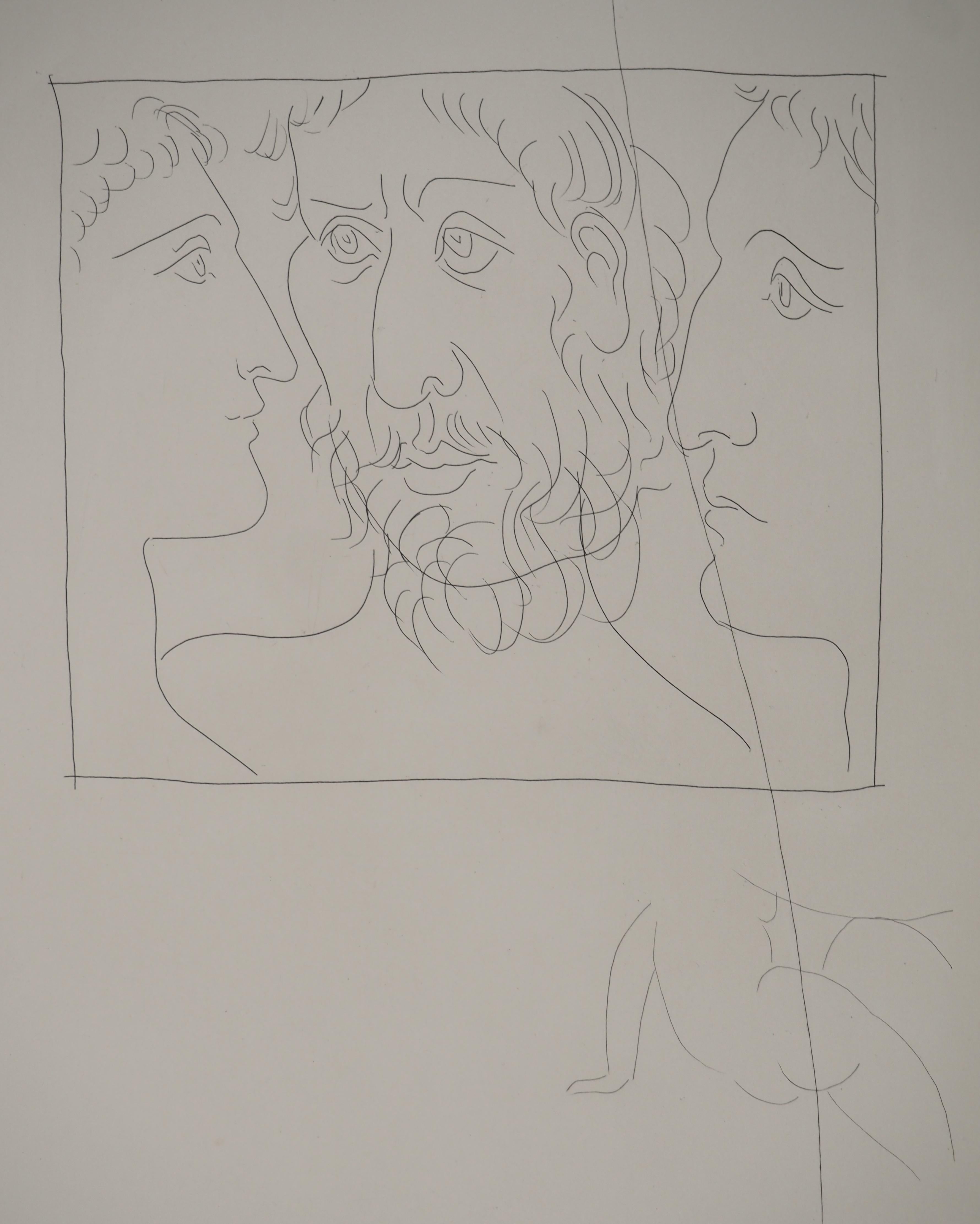Métarmorphoses d'Ovide, Trois têtes d'hommes - Gravure originale (Baer #143) - Gris Portrait Print par Pablo Picasso