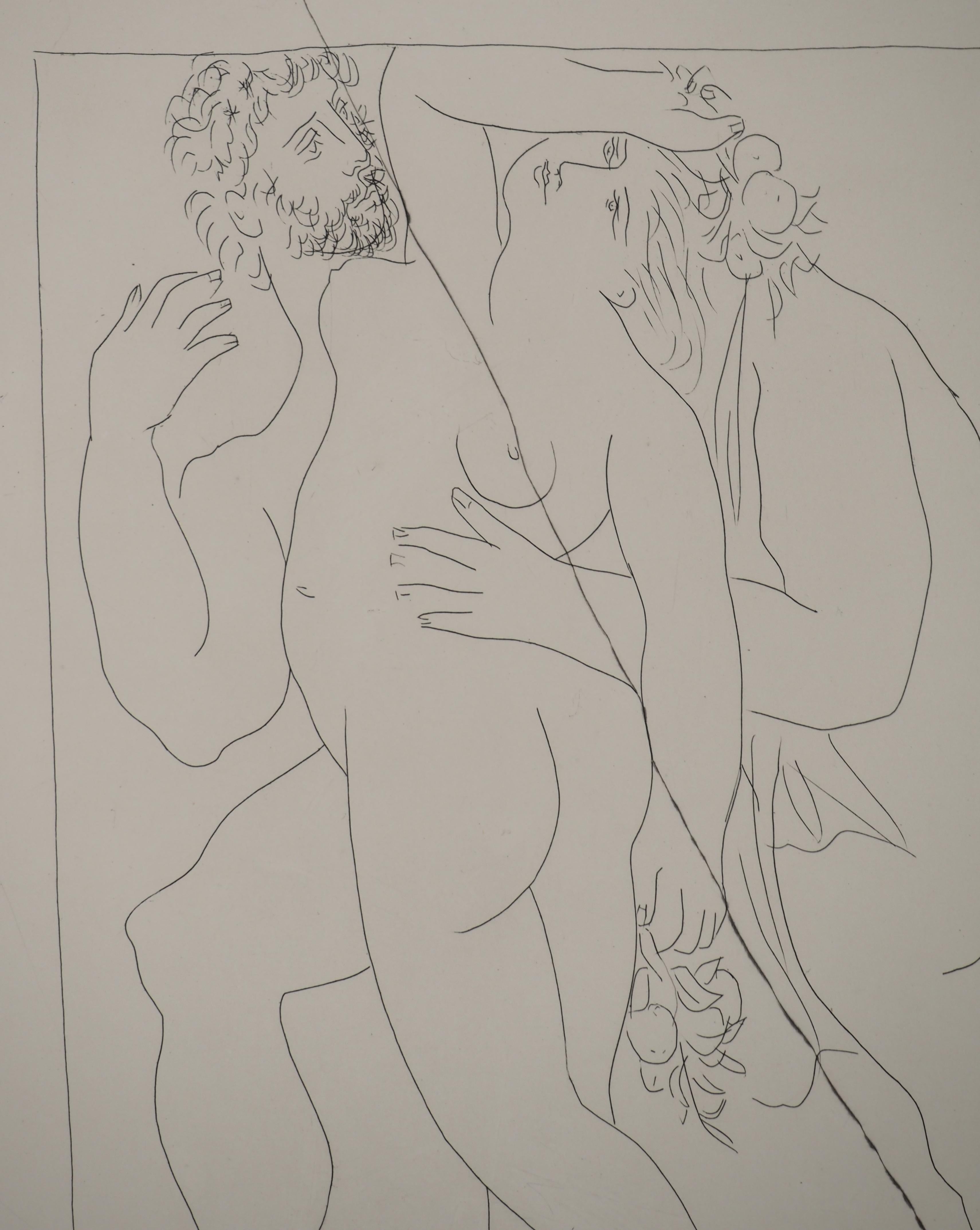 Pablo PICASSO
Métarmorphoses d'Ovide, Two Standing Figures, 1936

Original etching (Atelier Lacourière, Paris)
Unsigned
On BFK Rives vellum 32.5 x 25 cm (12.7 x 9.8 in)

REFERENCES : 
- Catalog raisonne Bloch #126
- Catalog raisonne Baer