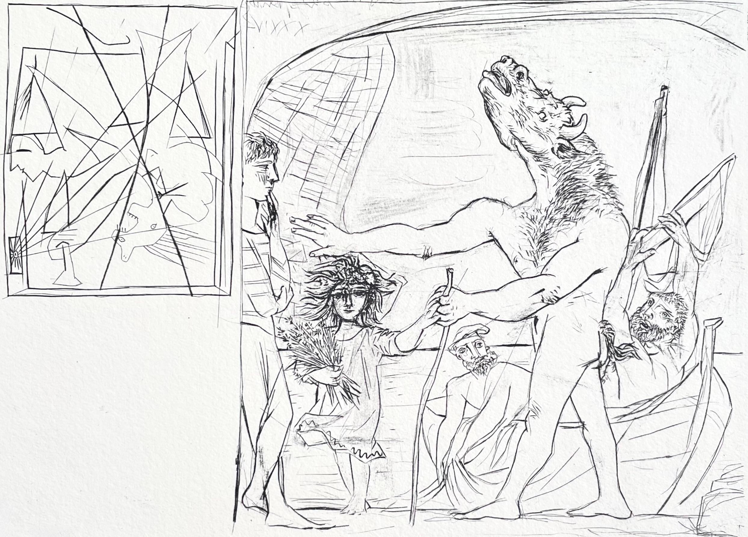 Pablo Picasso Nude Print - Picasso, Minotaure aveugle guidé par une Petite Fille aux Fleurs (after)