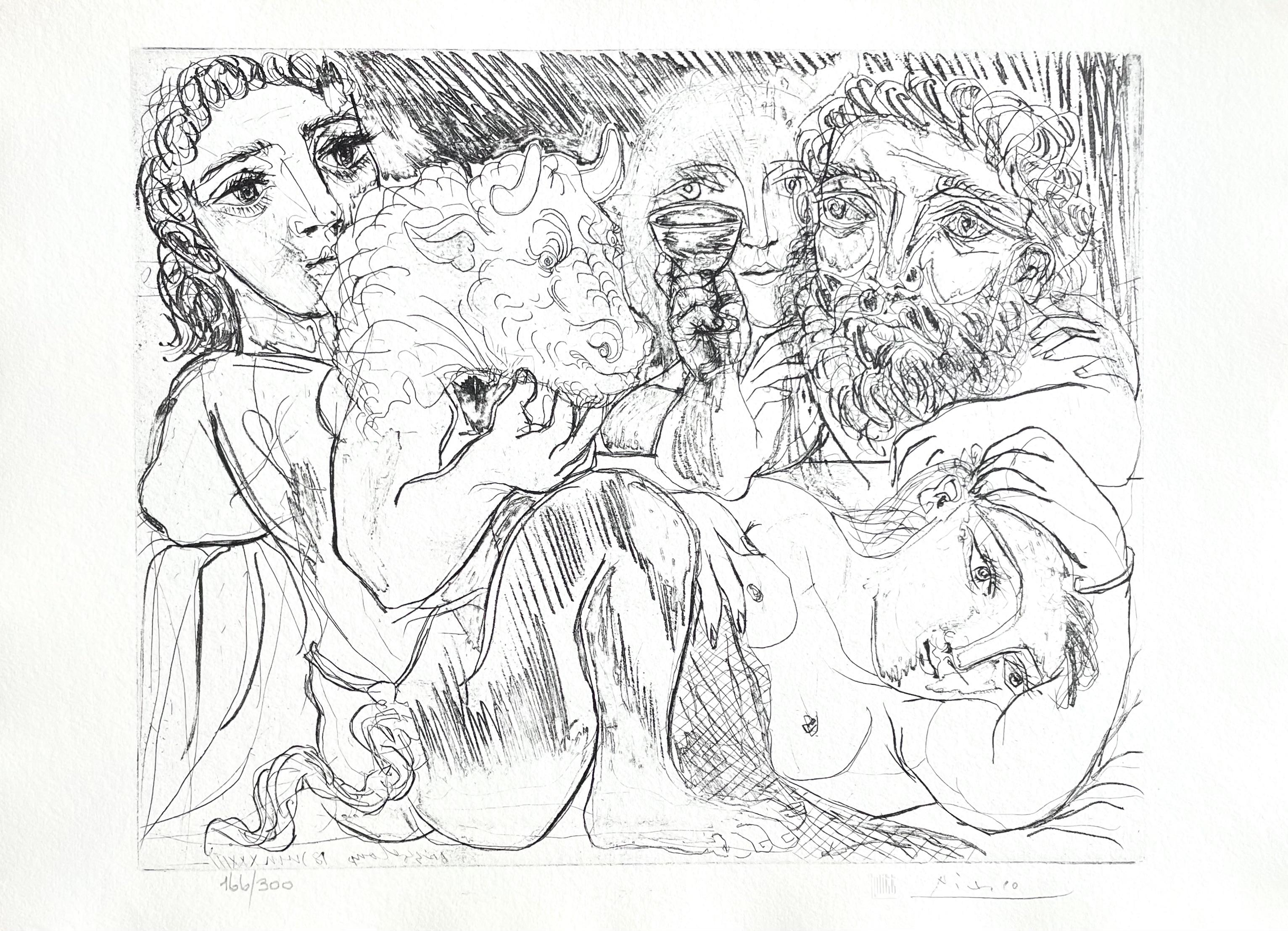 Picasso, Minotaure, Buveur et Femmes (nach) – Print von Pablo Picasso