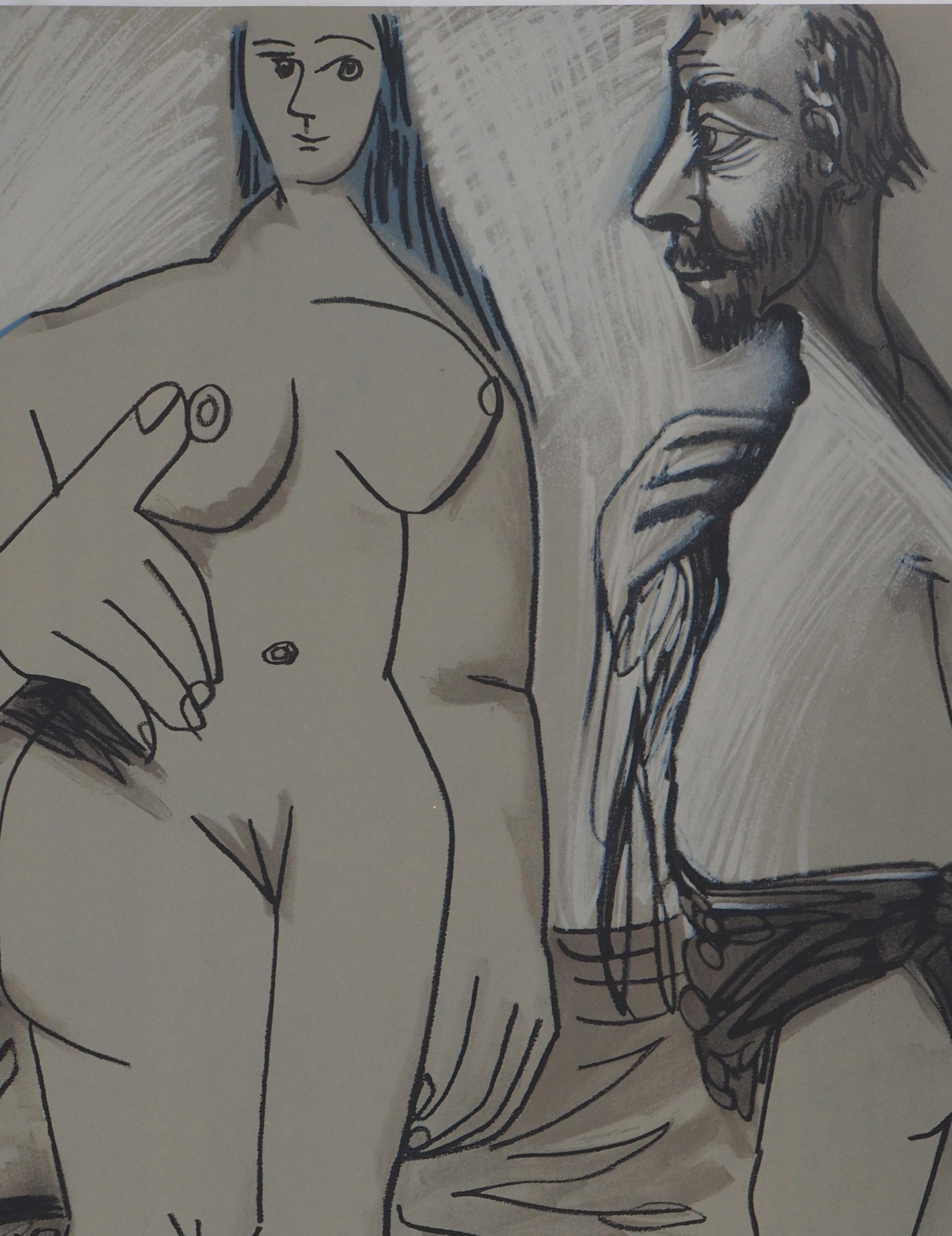 Modell und Maler – Lithographie (Mourlot 1971) (Grau), Figurative Print, von Pablo Picasso