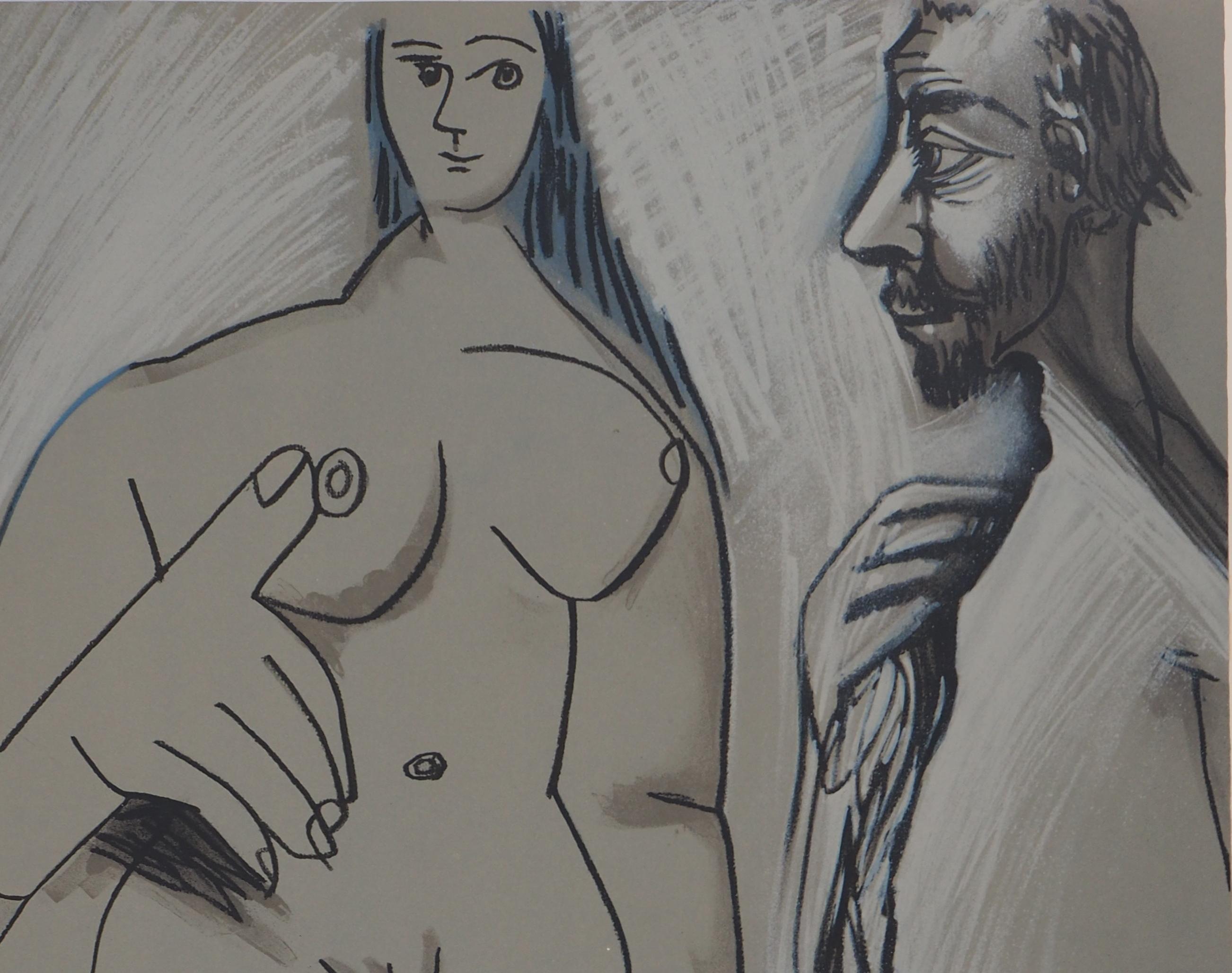 Pablo Picasso (nach)
Modell und Maler

Steinlithographie nach einem Aquarell von Picasso (gedruckt in der Werkstatt Mourlot)
Unterschrift in der Platte gedruckt
Auf Arches-Pergament 50 x 40 cm (c.  19.2 x 15,3 Zoll)
Herausgegeben von Mourlot in den