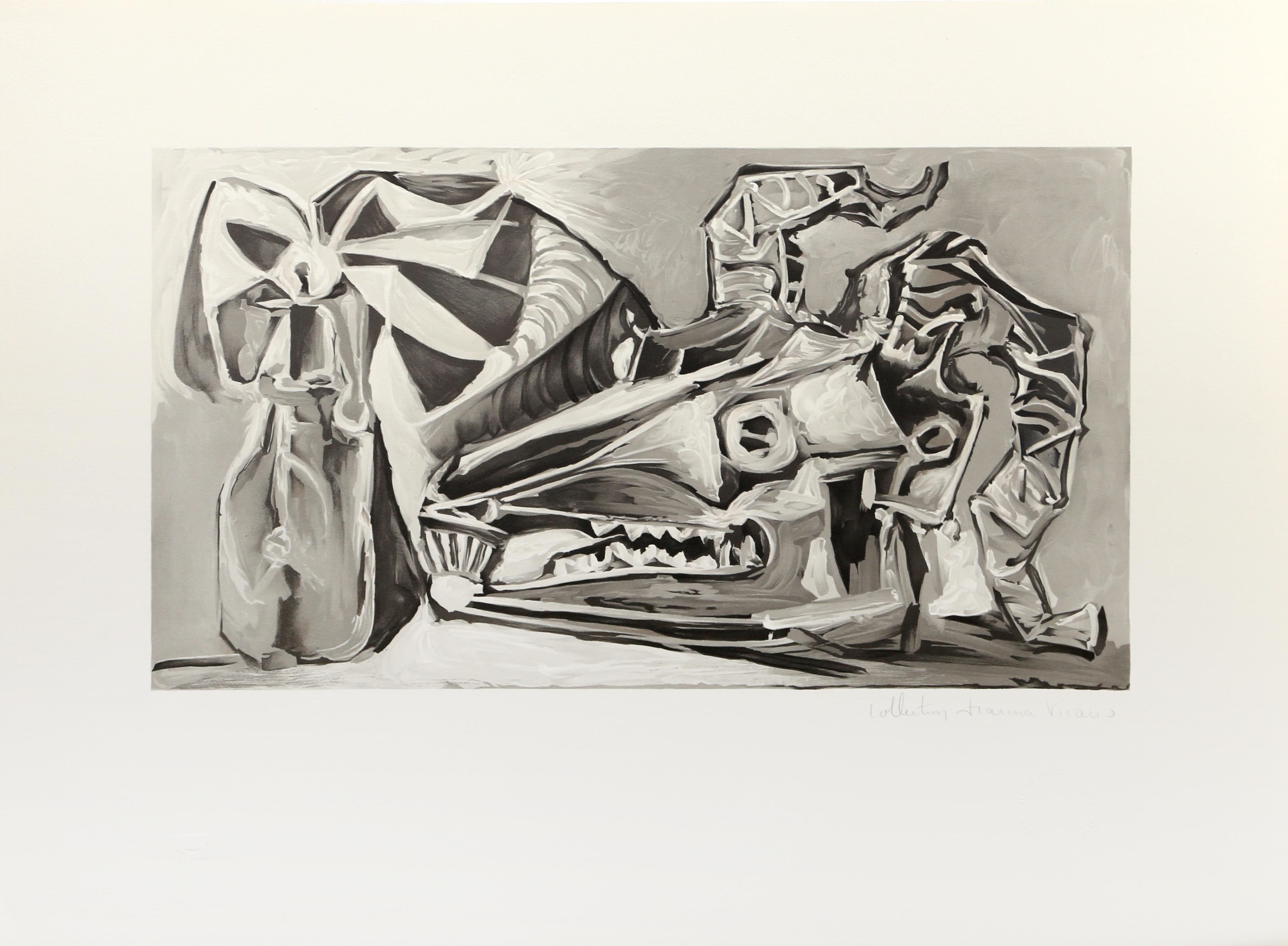 Arranged alongside one another, the goat skull accompanied by the glass bottle is rendered in a geometric fashion that is reminiscent of Pablo Picasso's other Cubist work. Devoid of color, the angular composition appears fragmented due to the