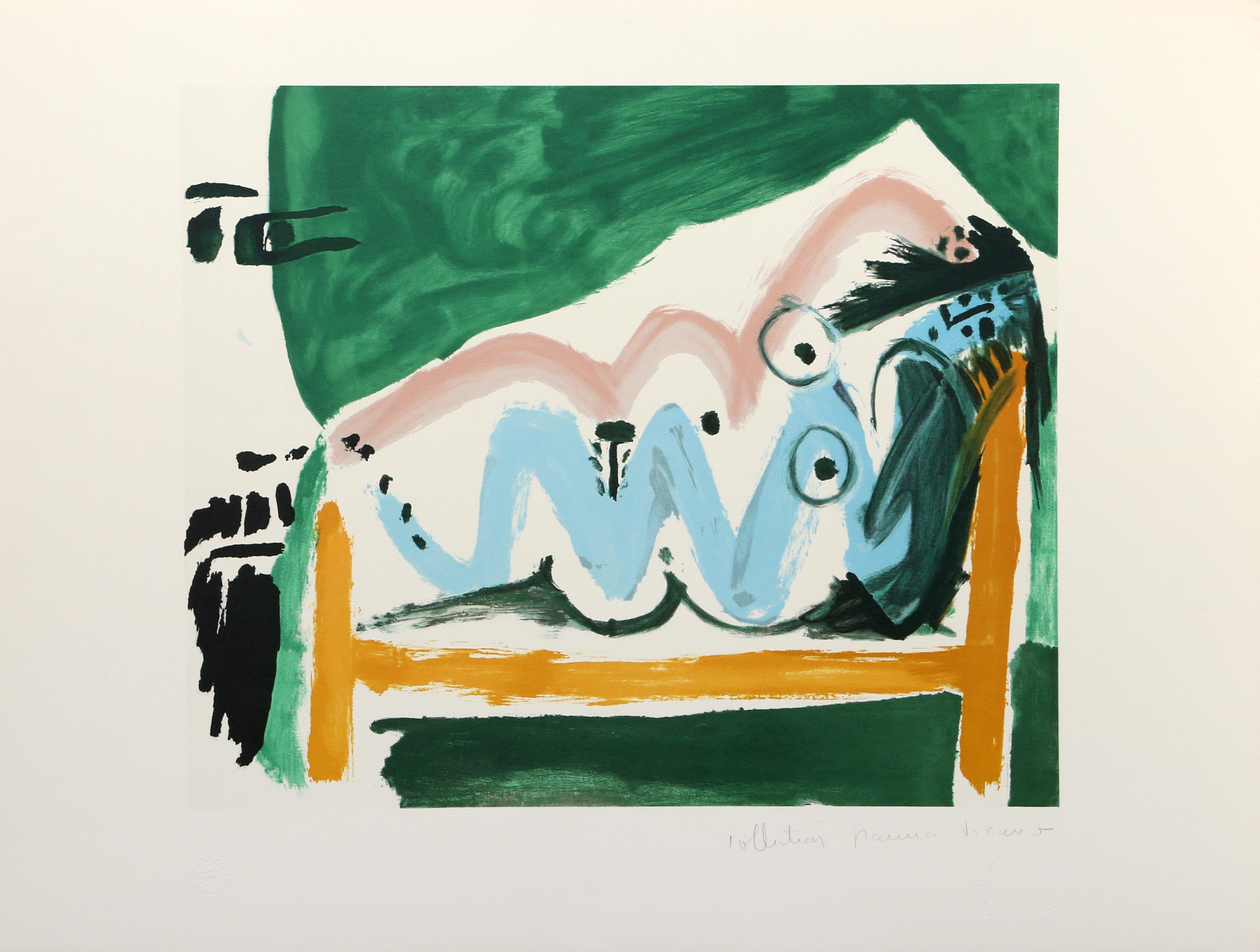 Laying across a piece of furniture, the nude female model in this Pablo Picasso print faces the viewer while she reclines and rests her arm across her head. Rendered in bright hues of emerald green and baby blue, the scene appears energized and