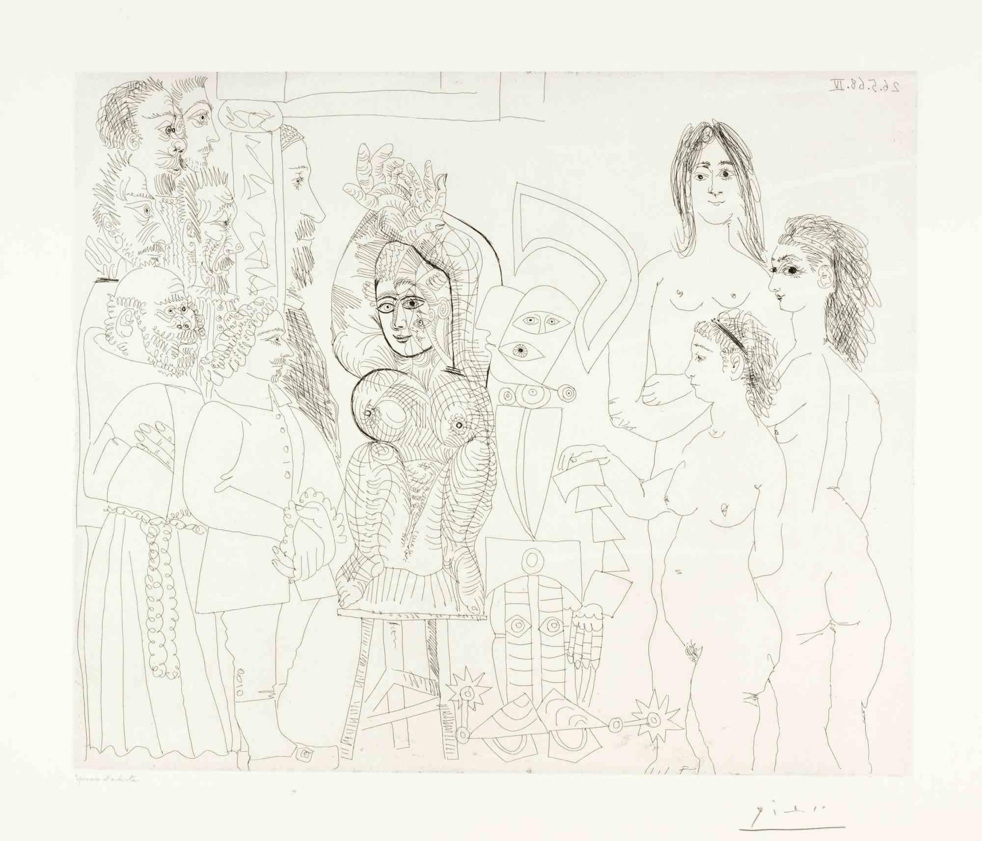 Radierung auf Velin, realisiert von Picasso im Jahr 1968.

Bildabmessungen: 41,4x49,7; Blattgröße 57x64,5 cm.

Künstlerabzug außerhalb der Edition der Galerie Louise Leiris von 1969, mit Bleistift bezeichnet "Epreuve d'artiste". Eines der 17
