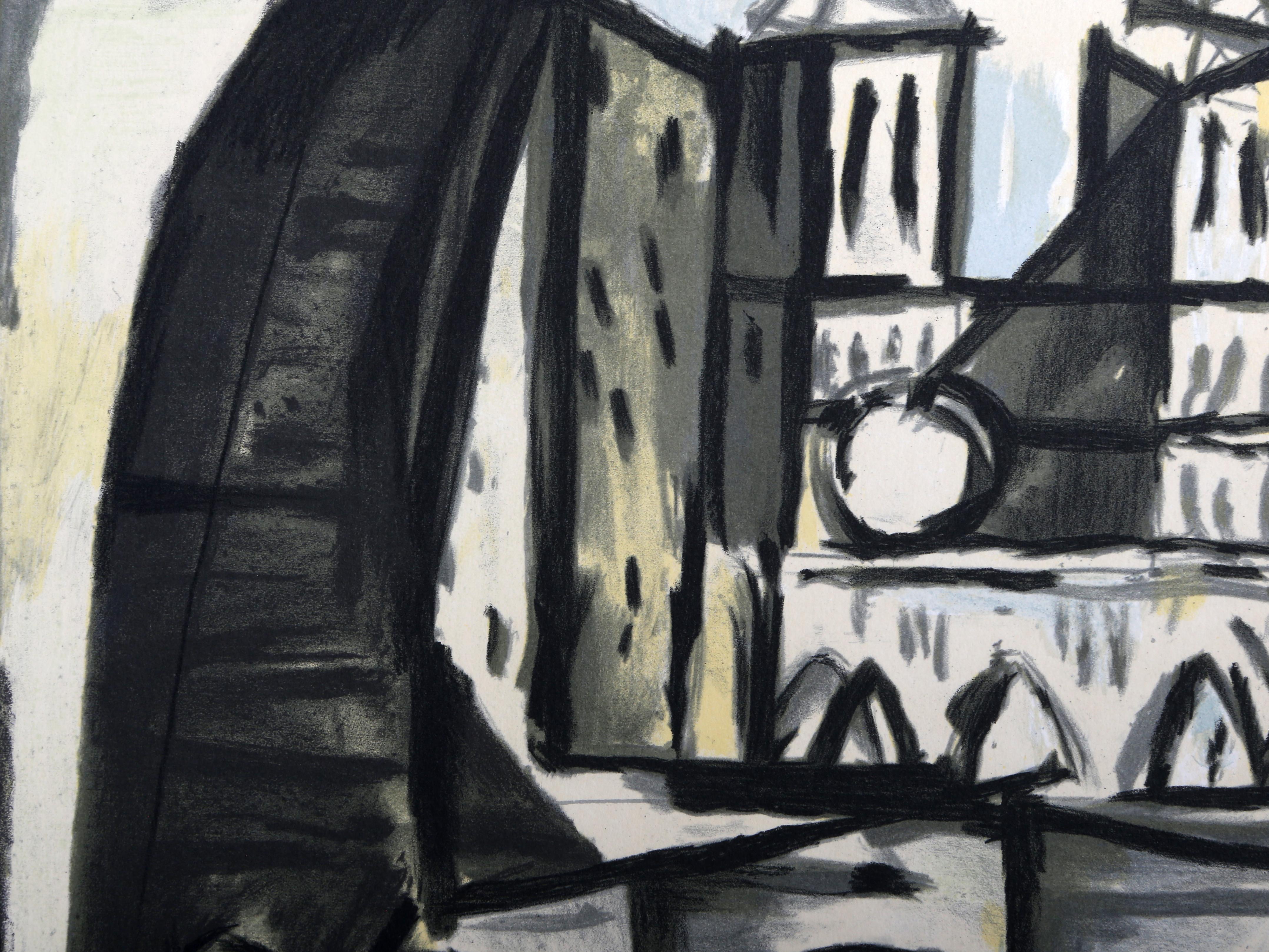 Moored below a bridge crossing the Seine, several rowboats of bright colors float before a view of the Notre Dame de Paris in the distance. Identifiable by its signature Rose Window, the cathedral is rendered with sparing detail that allows the