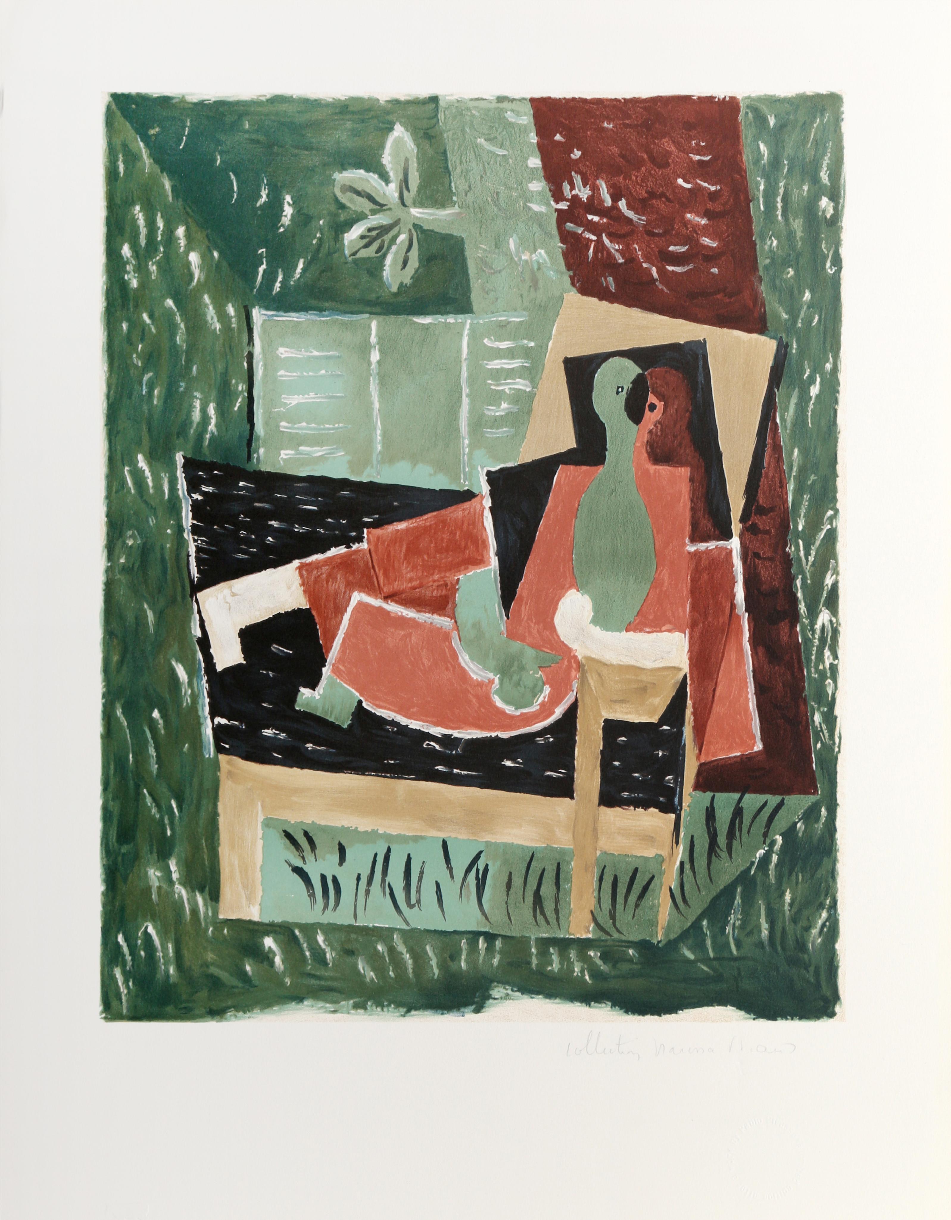 Set against the green background, the geometric figure in this Pablo Picasso print is comprised of numerous rectangular shapes that overlap one another in the typical Cubist fashion. A lithograph from the Marina Picasso Estate Collection after the