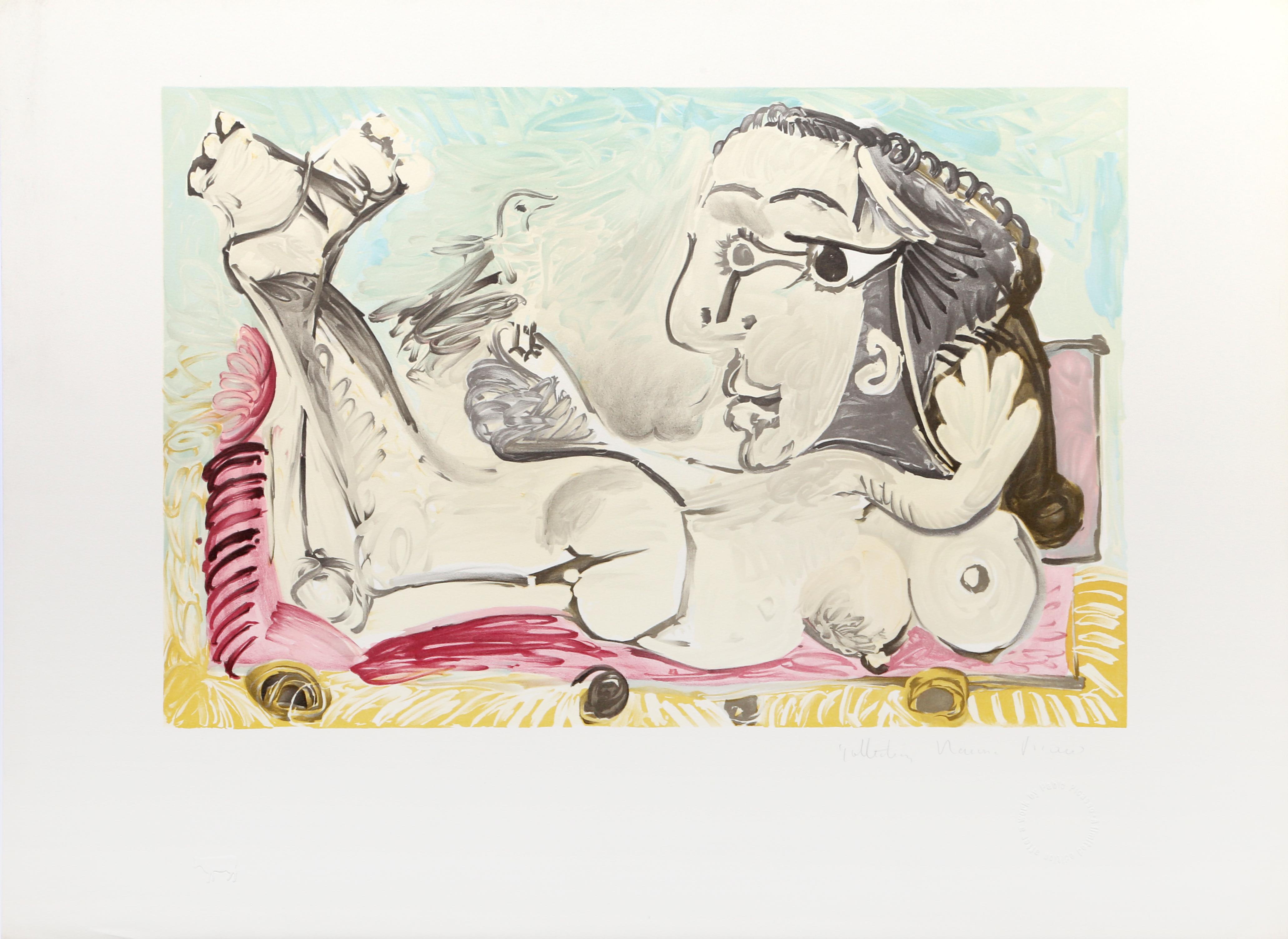 Durch die Manipulation der Perspektive schafft Pablo Picasso eine komplexe Darstellung einer nackten Frau. Seine Darstellung der weiblichen Figur umfasst mehrere Blickwinkel, die sich zu einer Reihe von Körperteilen und Posen verbinden, die alle von