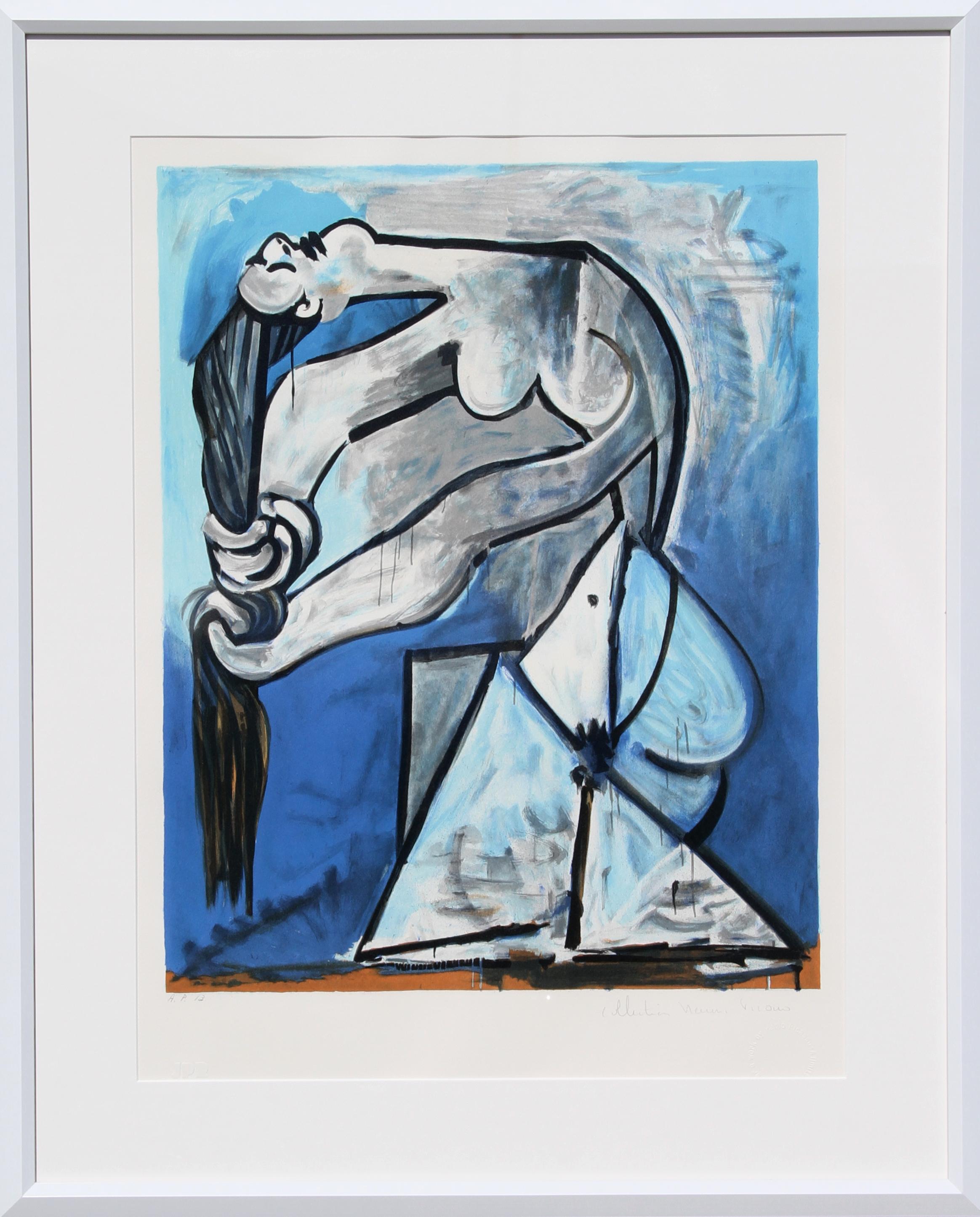 Eine Lithographie aus der Nachlasssammlung Marina Picasso nach dem Gemälde "Nu se tordant les cheveux" von Pablo Picasso.  Das Originalgemälde wurde 1952 fertiggestellt. In den 1970er Jahren, nach Picassos Tod, autorisierte Marina Picasso, seine