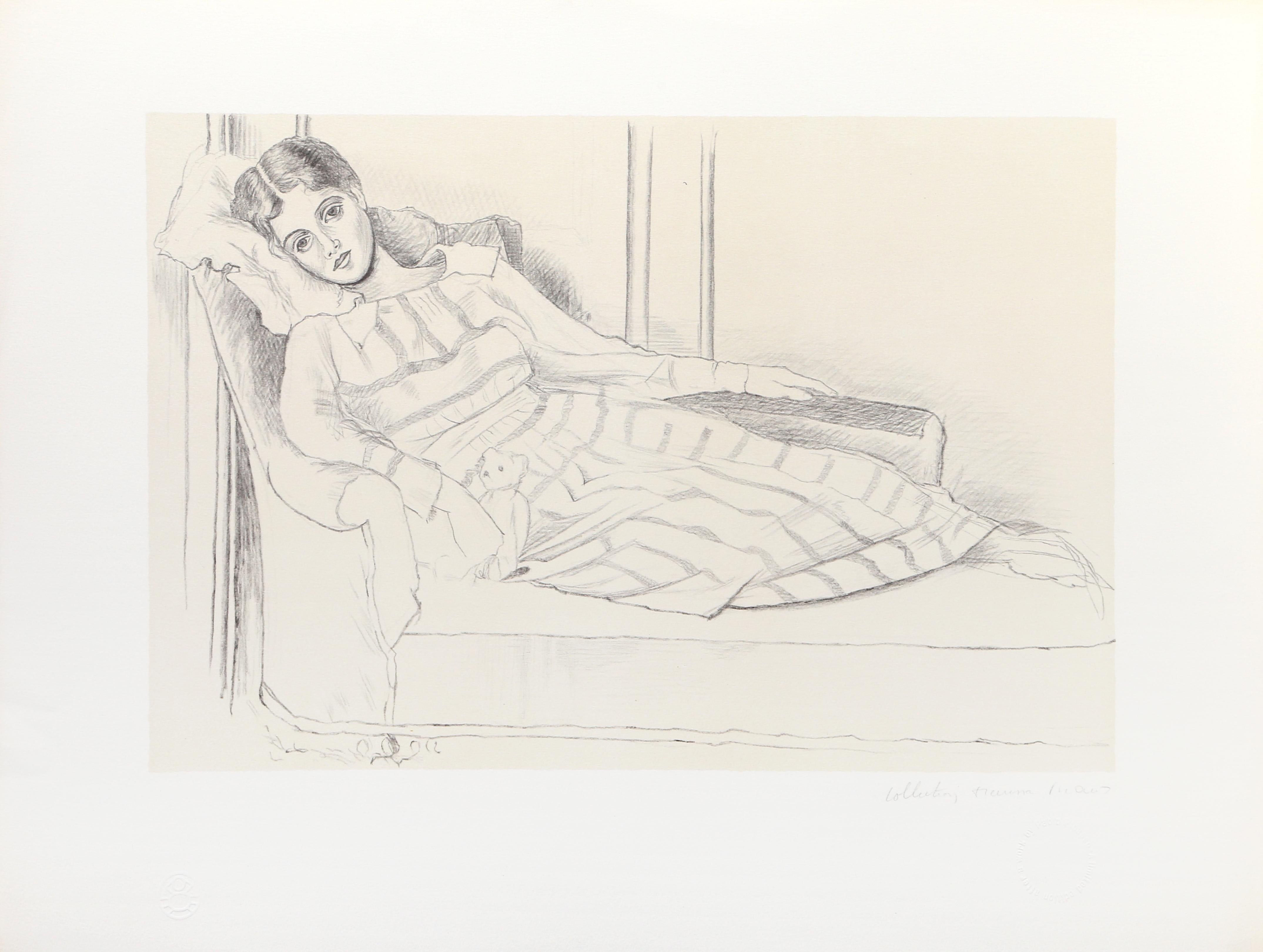 Pablo Picasso's print featuring his former wife and muse, Olga Picasso (Khokhlova/Kaklowa, is a great example of the artist's more naturalistic representations. Reclining on a chaise lounge, Olga's figure is represented in a naturalistic manner in