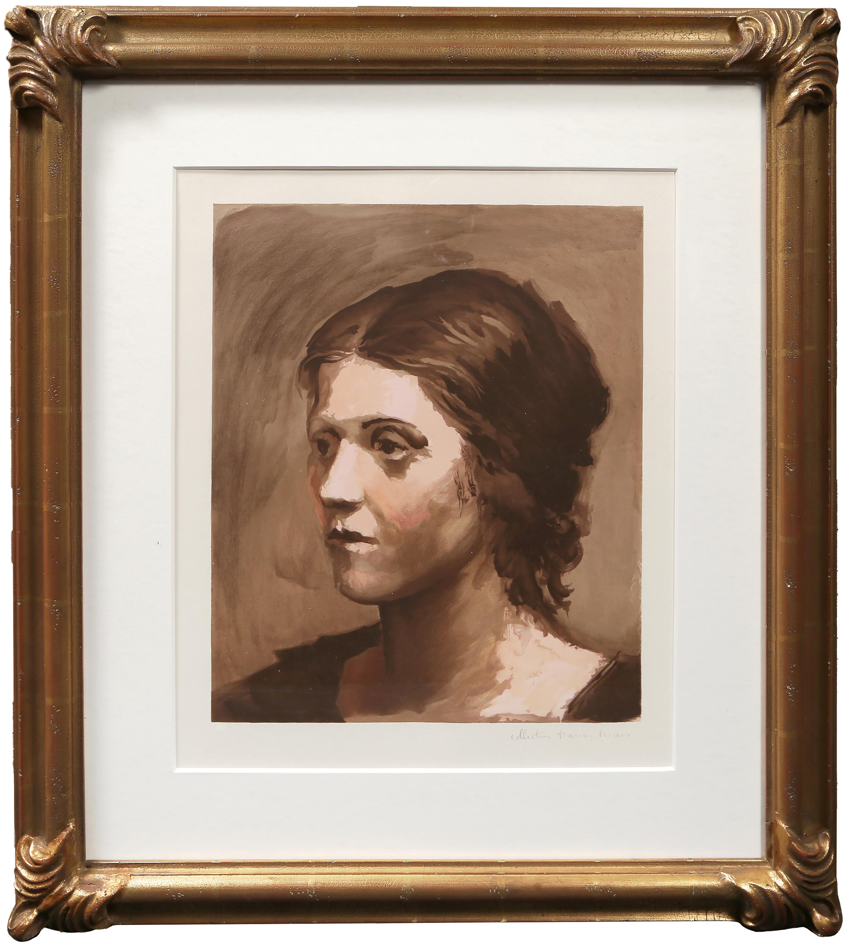 Facing to the side, this portrait of Olga Picasso (Khokhlova) demonstrates Pablo Picasso's ability to capture dimension with the use of shading and highlights. A lithograph from the Marina Picasso Estate Collection after the Pablo Picasso painting