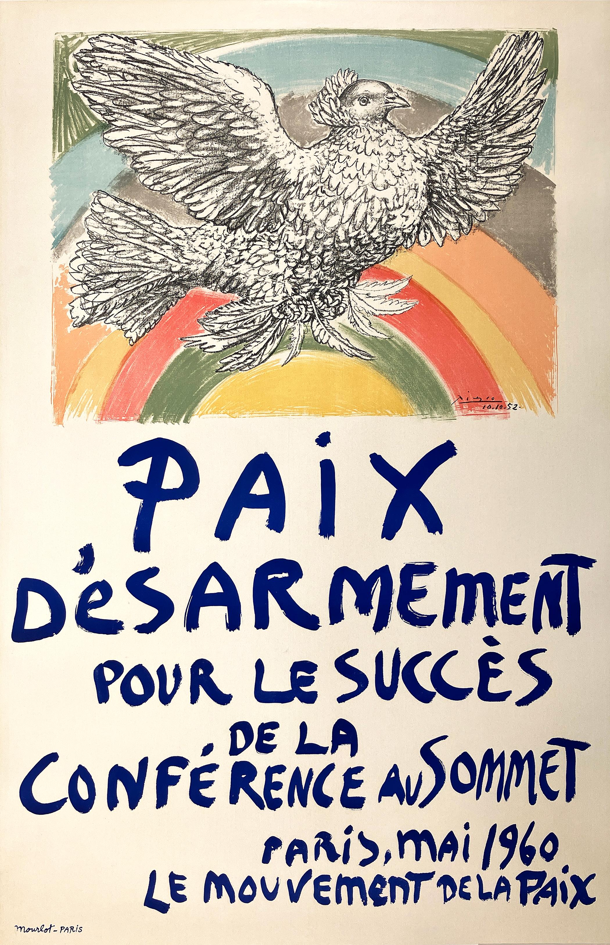 This powerful and symbolic poster, *Paix Désarmement* by Pablo Picasso, was created in 1960 to promote the *Conference for Peace and Disarmament* held in Paris. The image embodies Picasso’s lifelong commitment to peace and political activism, using