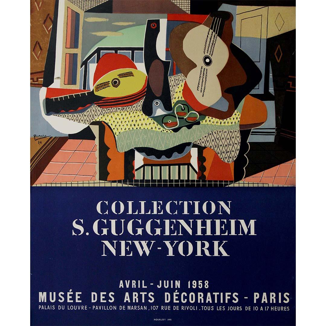 Das Original-Ausstellungsplakat von Pablo Picasso aus dem Jahr 1958 für die Collection'S. Guggenheim New York im Musée des arts décoratifs ist ein fesselndes Zeugnis der fruchtbaren Karriere des Künstlers und seines anhaltenden Einflusses auf die