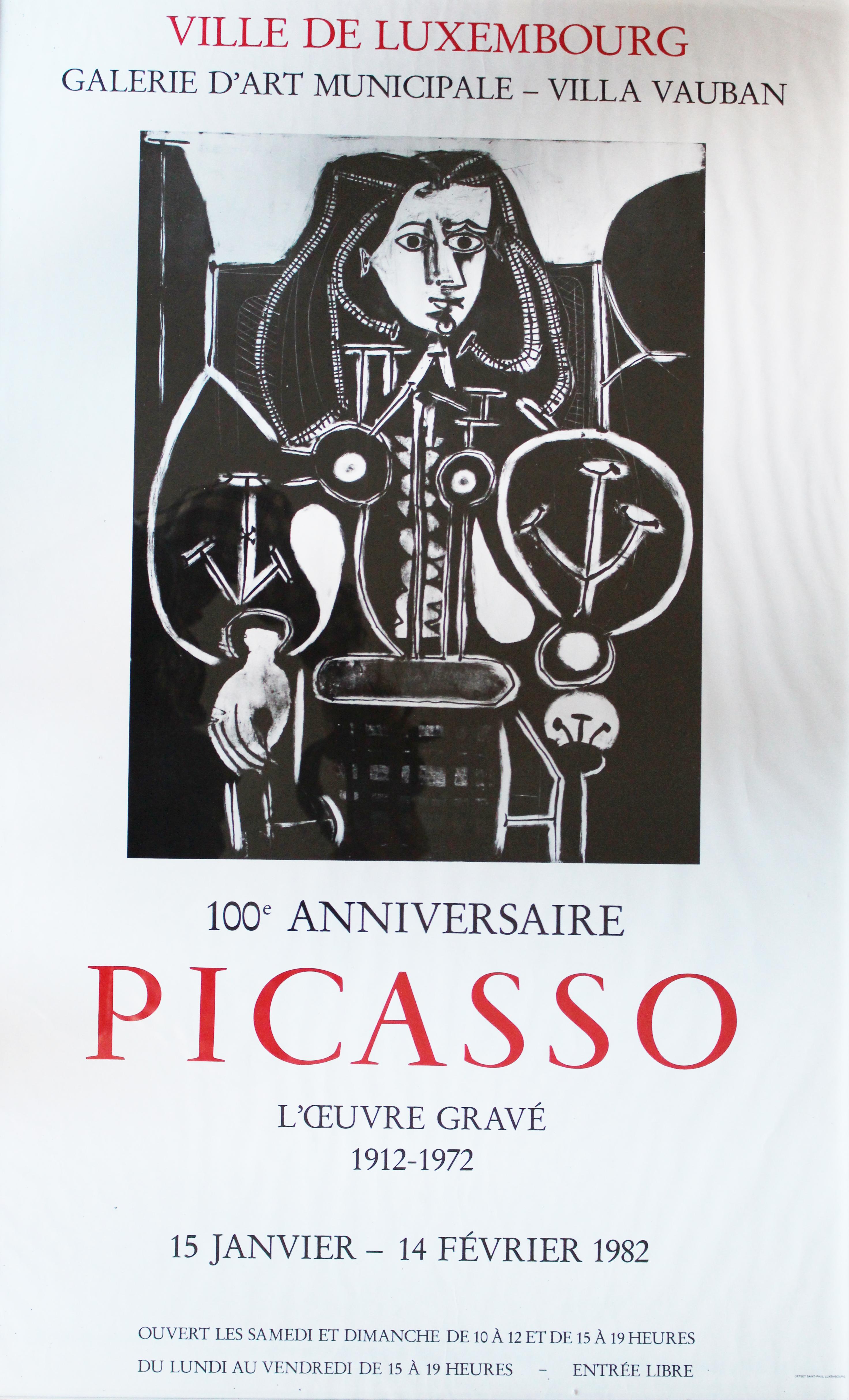 Pablo Picasso - "100 ANNIVERSAIRE, L'Oeuvre Gravé'' (Poster for the Exhibition at Ville De Luxembourg), Lithograph, Circa 1982. Framed Size 96cm x 63cm Approximately. Please note this is not a modern print or reproduction, therefore will bare some