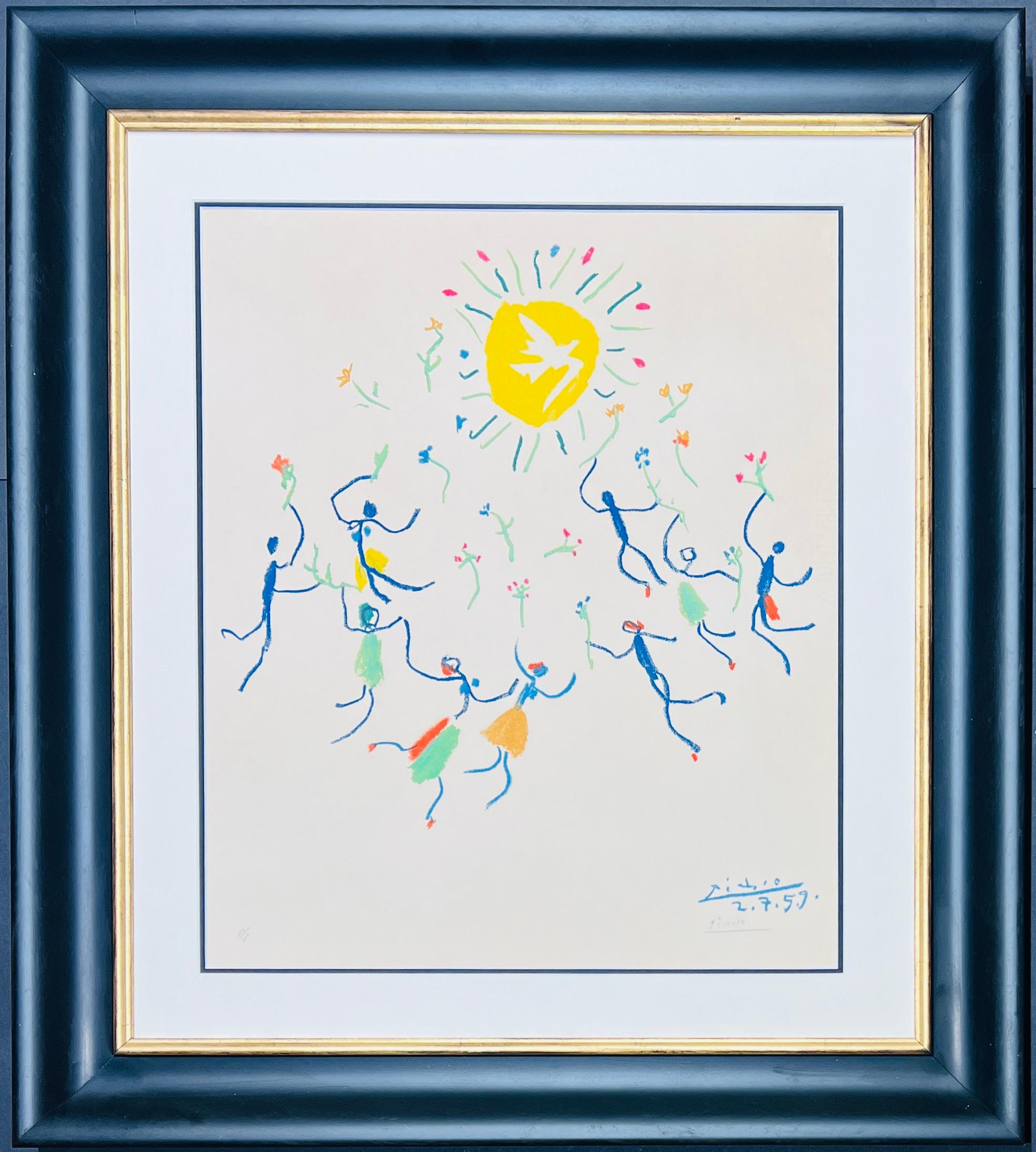 Color lithograph on Arches paper, edited in 1959.
Limited edition of 200 copies , numbered as 114/200 in lower left.
Hand signed in pencil by Pablo Picasso in the lower right corner.

Paper size: 65,5 x 50 cm (25 3/4 in x 19 7/8 in)
Framed size: 82