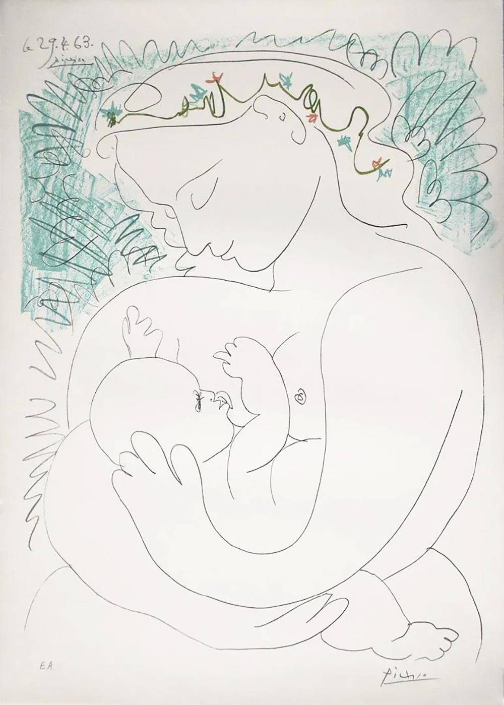 After Pablo Picasso (Spanish, 1881-1973)
La Grande Maternité
1963
pencil signed and annotated 'E.A.' (aside from the edition of 200), with margins
Editions Combat de la Paix, Paris
Published by Yamet Arts, New York. Original coa included
lithograph