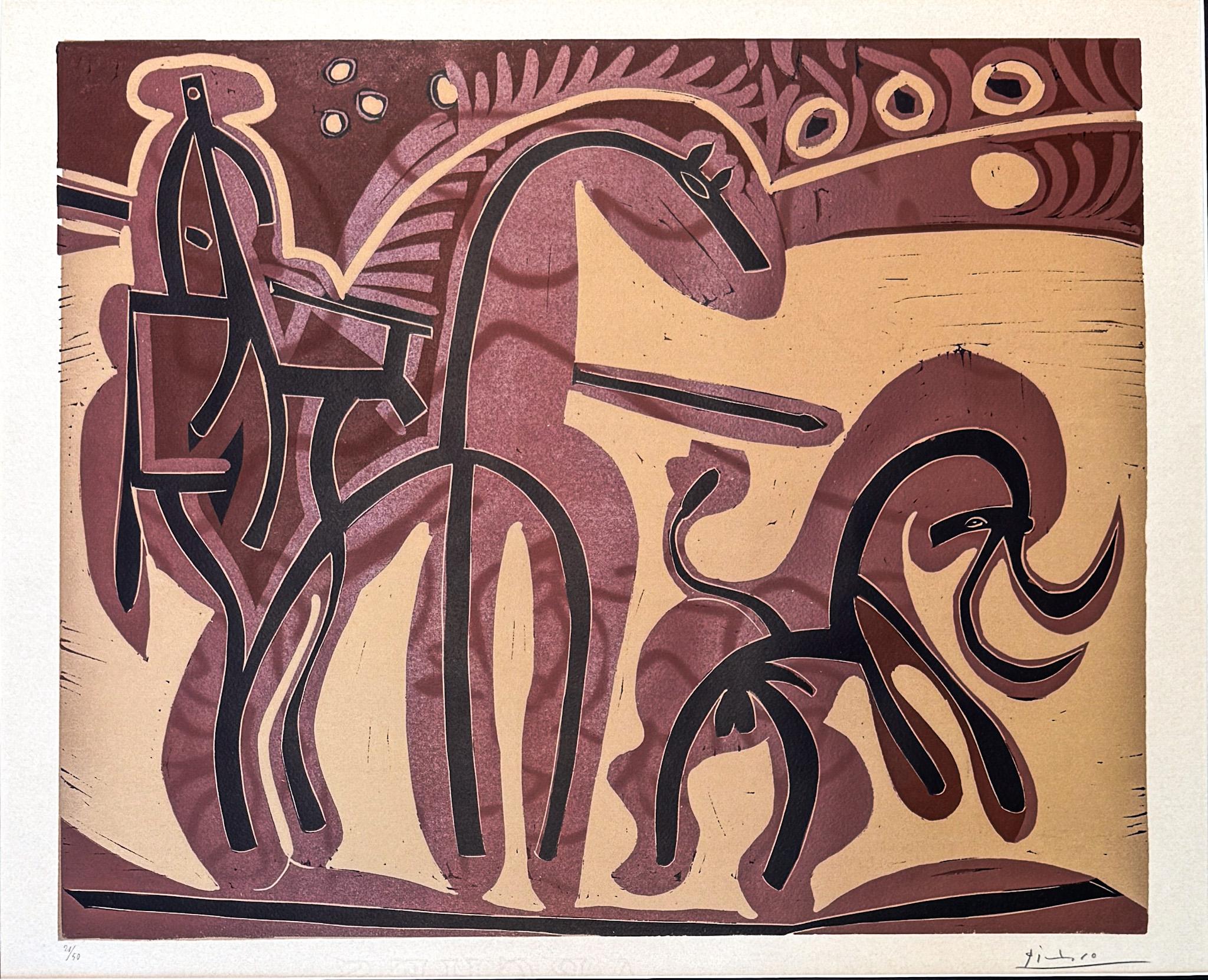 Pablo Picasso (1881-1973)-Picador et Taureau-Linogravure en couleurs sur papier Arches en vente 1