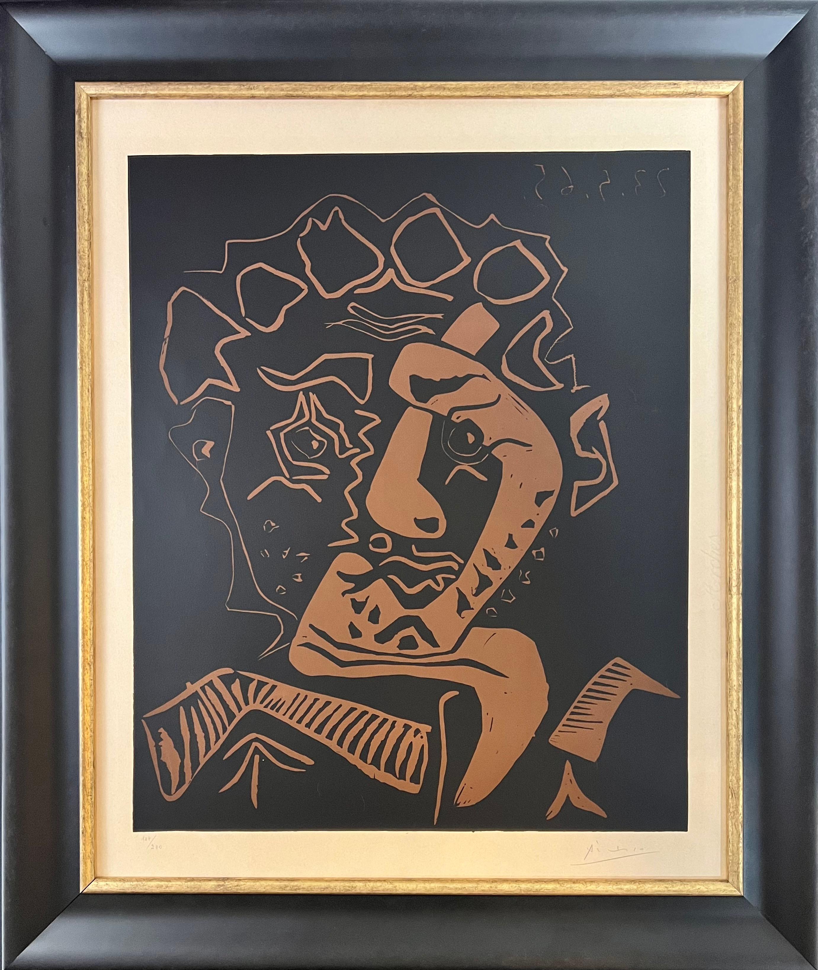 Pablo Picasso- Tete d'Histrion
Linoleografia a colori su carta Arches color crema (con filigrana Arches), edita nel 1965.
Edizione di 200 copie.
Stampato da Arnéra, Vaullauris, Francia
Pubblicato da Galerie Louise Leiris, Parigi, Francia
Firmato a