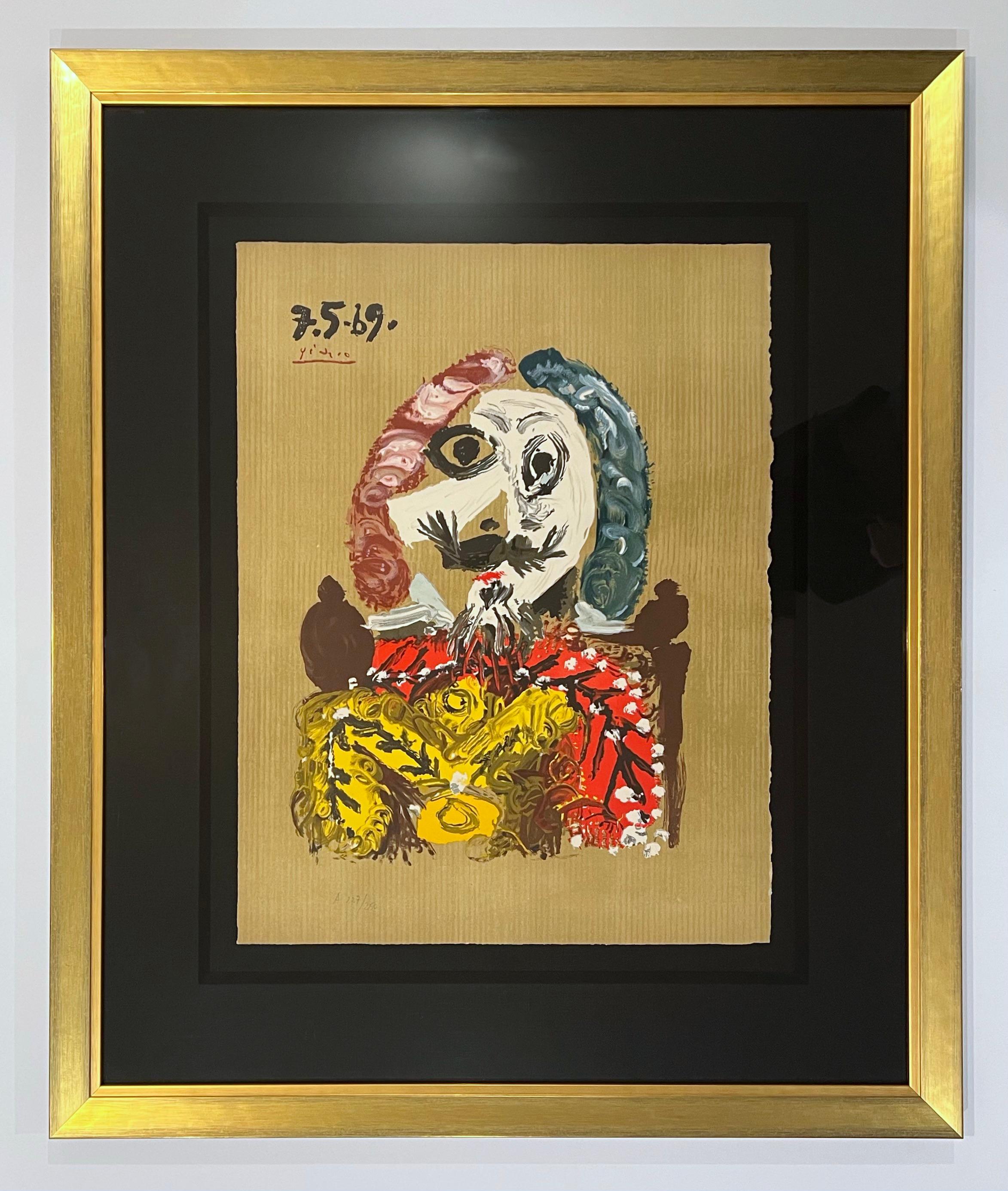 Artist: Pablo Picasso (after)
Title: Portraits Imaginaire 7.5.69
Portfolio: 1969 Portraits Imaginaires
Medium: Color lithograph on Arches paper
Date: 1969
Edition: A227/250
Frame Size: 38