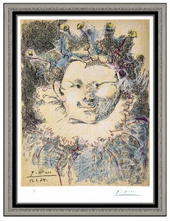 Pablo Picasso Color Lithograph Hand Signed Harlequin Clown Cubism Portrait Art