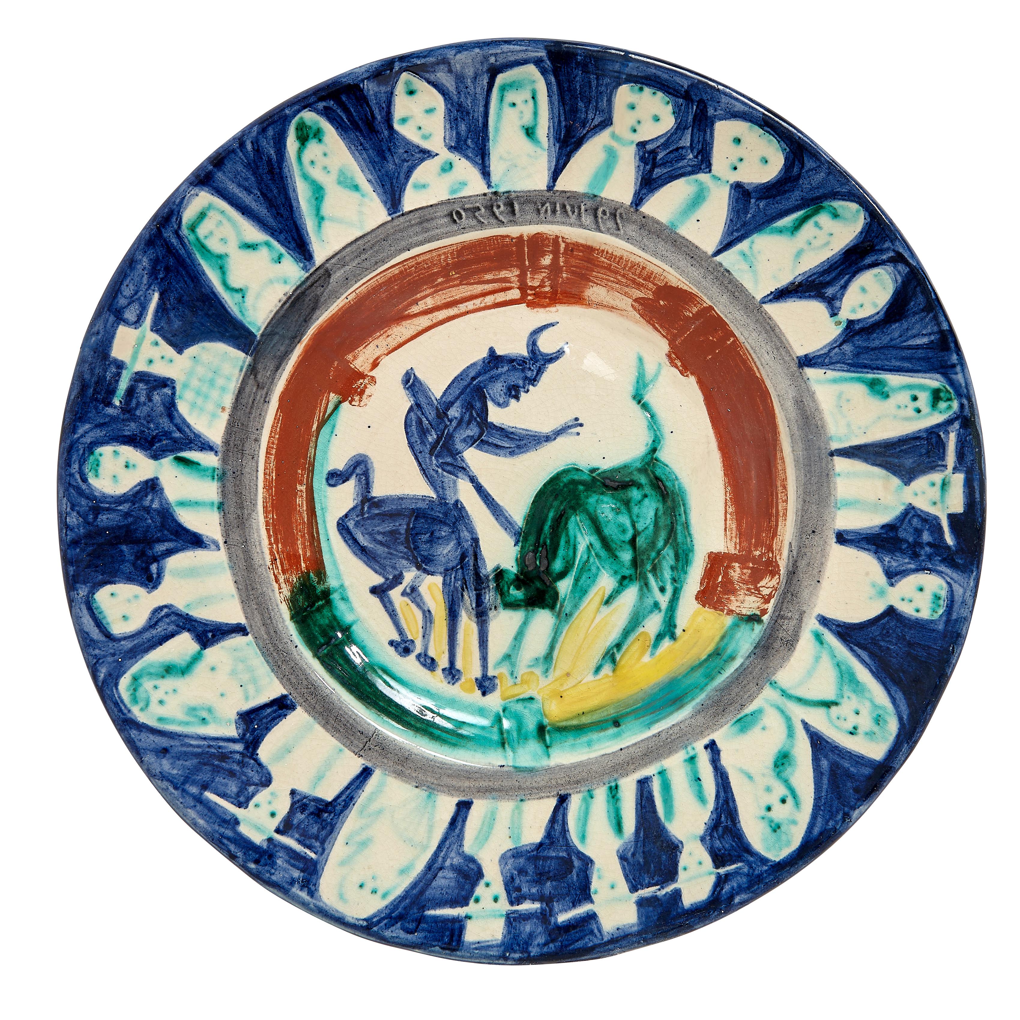 PABLO PICASSO (1881-1973) 
Corrida aux personnages (A. R. 104)

Terre de faïence dish, 1950, from the edition of 50, glazed and painted, with the Empreinte Originale de Picasso and Madoura stamps.