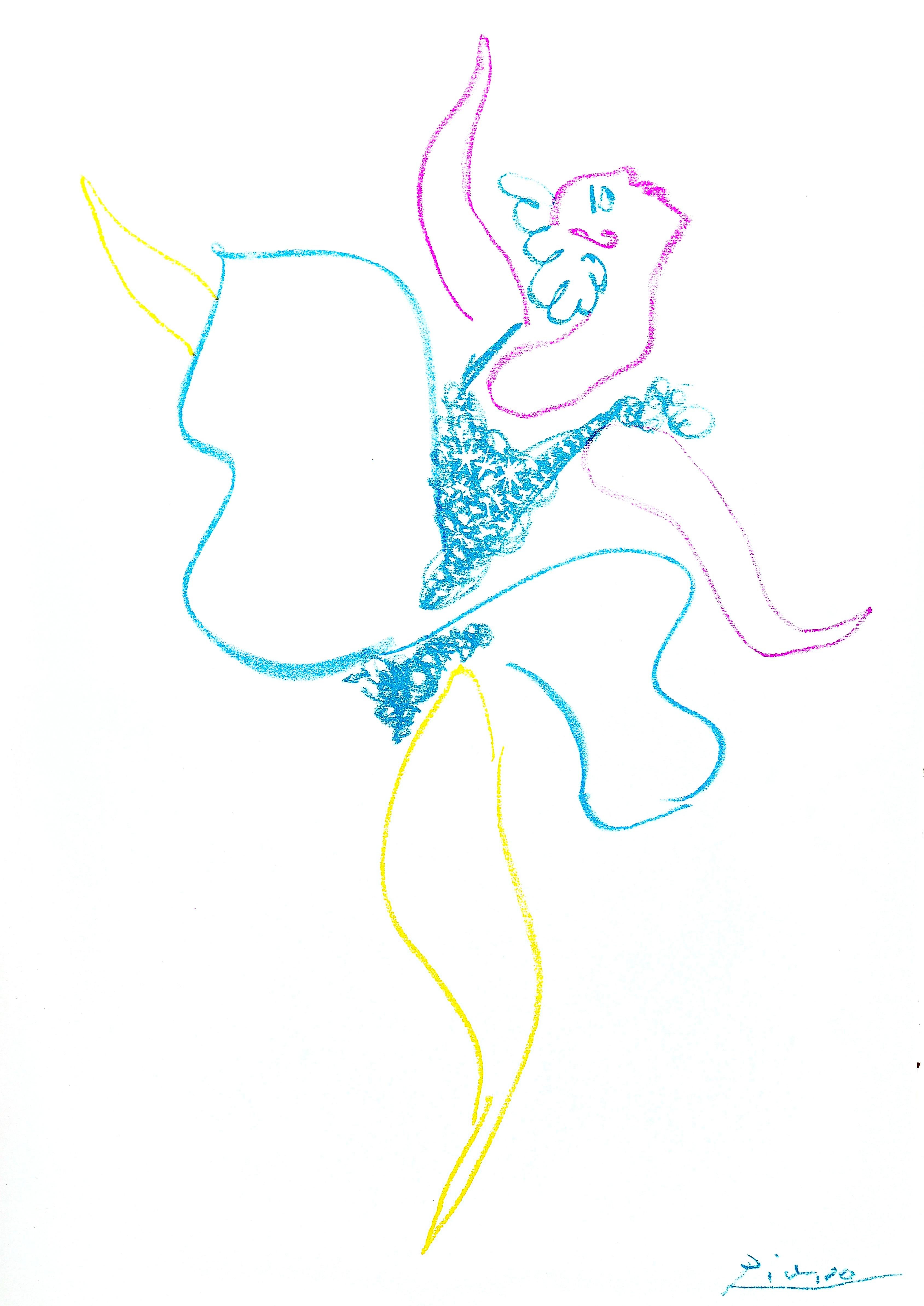 Esta exquisita litografía de Pablo Picasso (1881-1973), titulada Danseuse (Bailarina), del álbum Le Ballet (El Ballet), procede de la edición de 1954 publicada por Librairie Hachette, París, y Arts du Monde, Par ís, e impresa por Mourlot Freres,