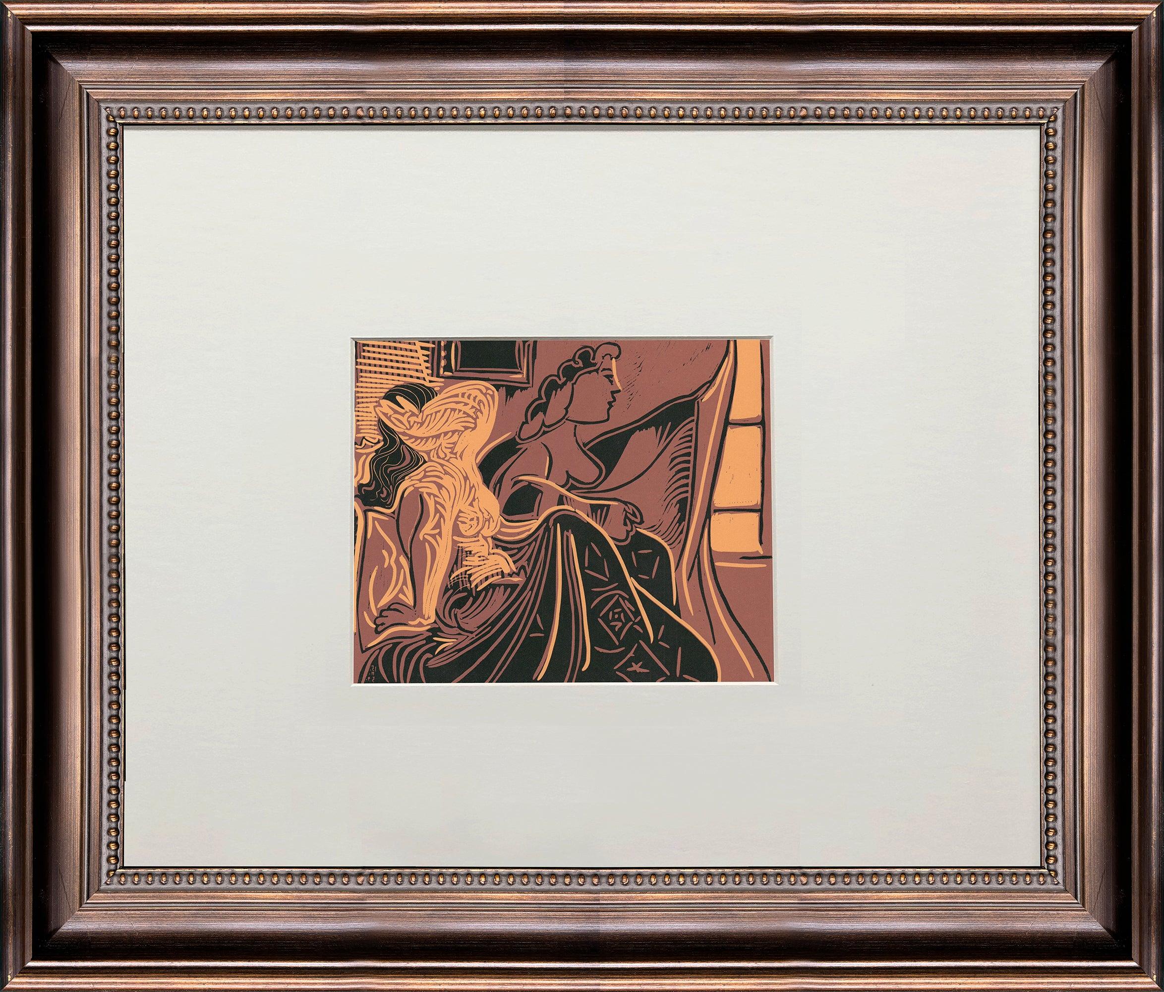 Cette linogravure, Deux Femmes Pres de la Fenetre (1971), a été réalisée par Pablo Picasso pour Hommage à Picasso, publié par XXe Siècle Éditions à Paris. Cet exemplaire est une rare épreuve d'imprimeur, produite au-dessus de l'édition normale du