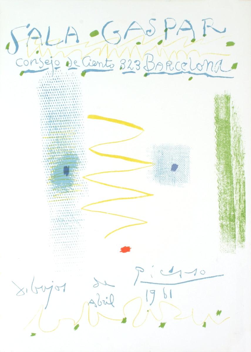 Sala Gaspar, Barcelona, 1961. Original poster Dibujos de Picasso, created for the exhibition held at Sala Gaspar. Executed as a color lithograph on heavy wove paper, printed by Foto-Repro in Barcelona. A total of 60 impressions were printed on Rives