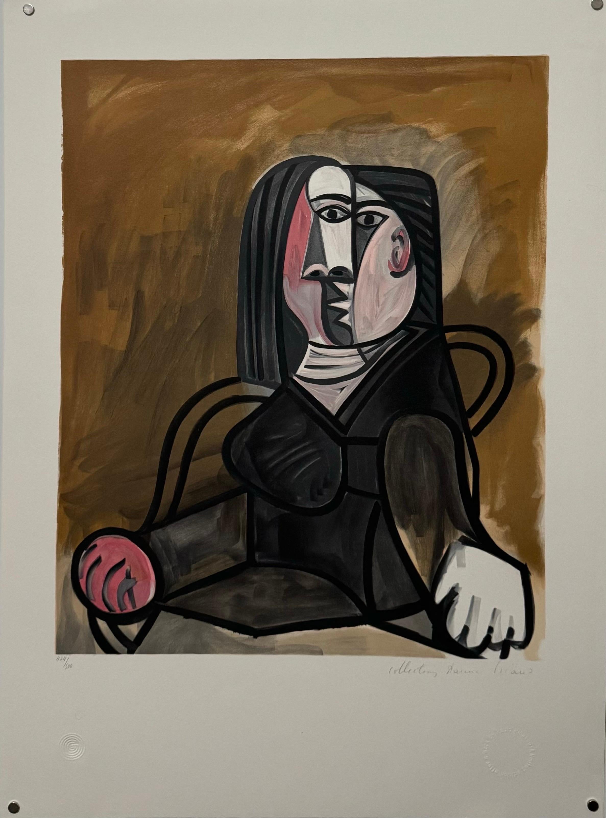 Pablo Picasso (after)
"Femme assise dans un fauteuil"
limited edition print on Arches paper, 
Hand signed by Marina Picasso lower right and numbered 424/500 lower left
From the estate of Pablo Picasso with an embossed blindstamp in the lower right