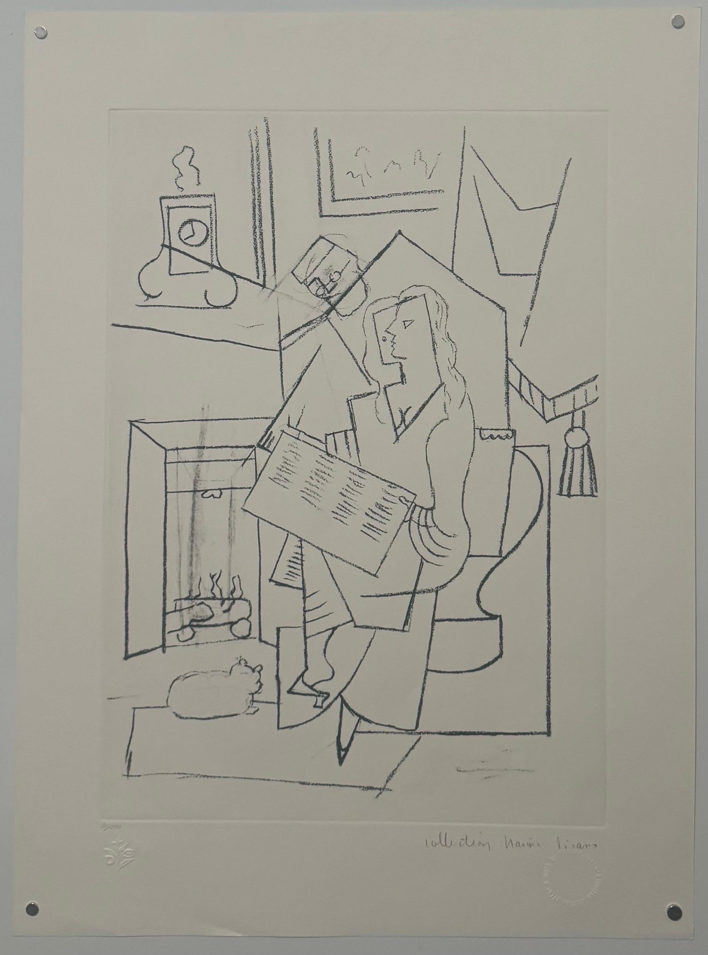 Pablo Picasso (after)
"Femme dans un fauteuil"
limited edition print on Arches paper, 
Hand signed by Marina Picasso lower right and numbered 31/500 lower left
From the estate of Pablo Picasso with an embossed blindstamp in the lower right side of