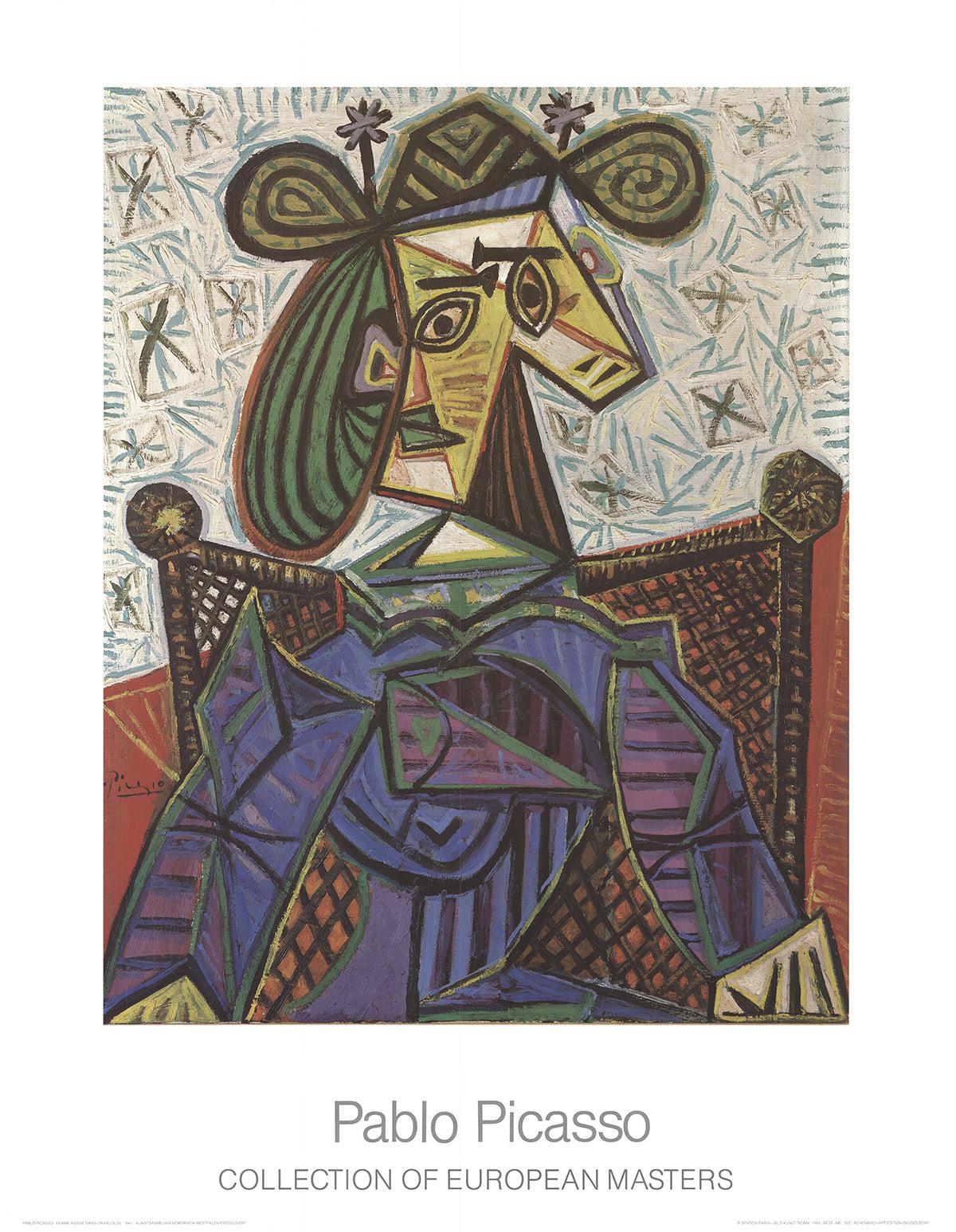 Questa riproduzione di alta qualità di Femme Assise Dans Un Fauteuil mette in mostra la maestria di Picasso nel gestire la forma e lo spazio, catturando i contorni espressivi e la presenza imponente di una donna seduta. Pubblicata dalla