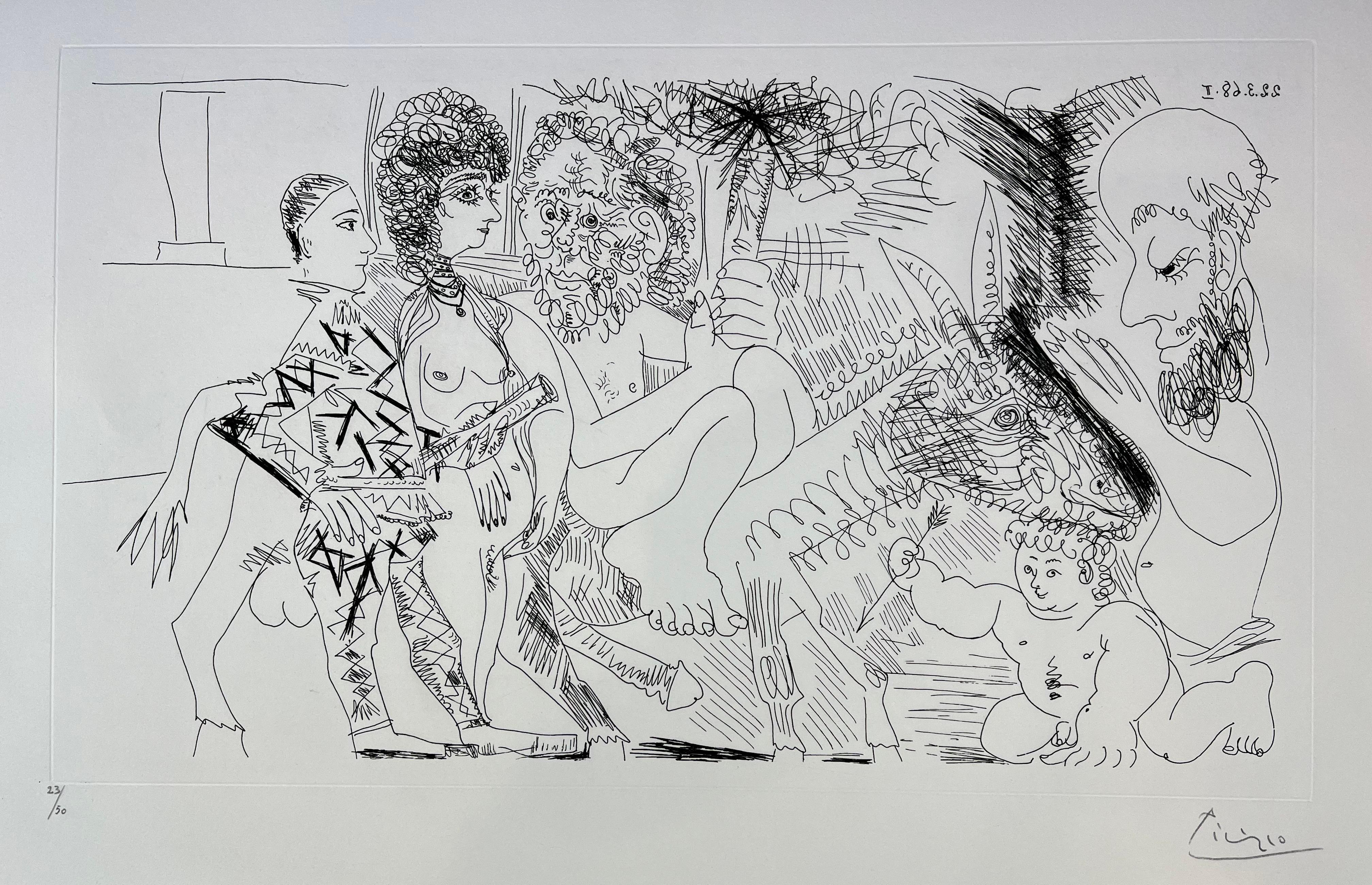 Groupe avec Vieillard à la Torche sur un Ane Amoureux 
Femme et Arlequin
- etching on BFK Rives paper, edited in 1968
Limited edition of 50 copies
Current copy numbered: 23/50 in lower left
signed in pencil by artist in lower right corner
image