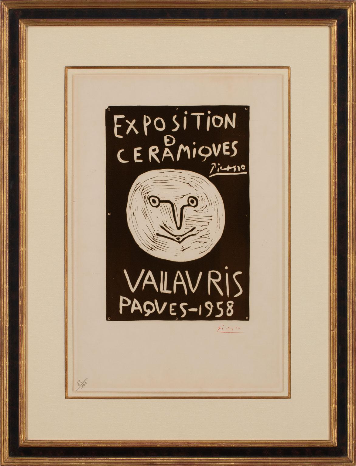 Pablo Picasso Linocut firmata a mano, "Exposition de Céramiques, Vallauris 1958"